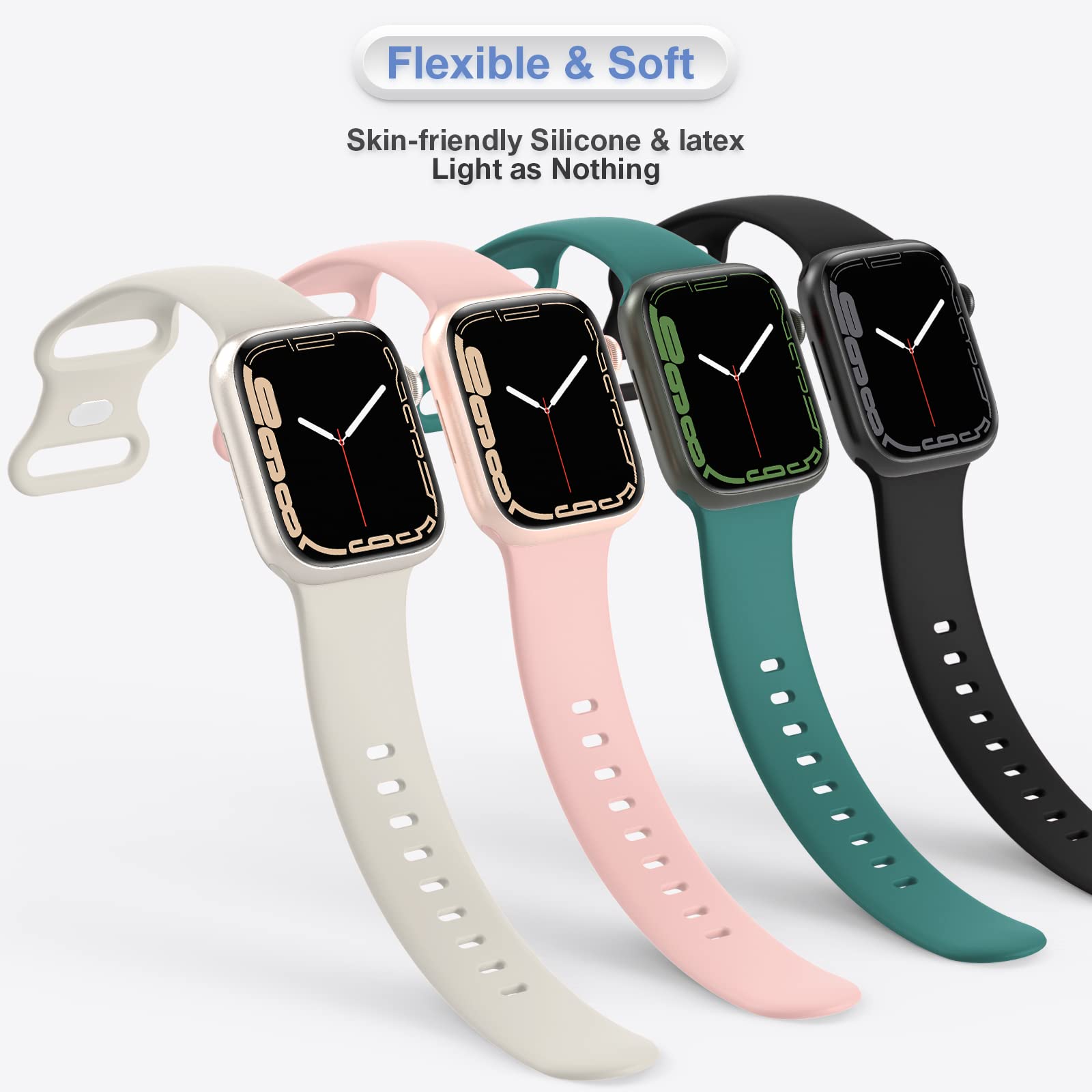 BRG 4 Pack Soft Silicone Sport Bands for Apple Watch Series 9/8/7/6/5/4/3/2/1/SE, Ultra/Ultra 2 (38mm 40mm 41mm 42mm 44mm 45mm 49mm) - Comfortable Replacement Strap for Men & Women - Perfect for Workouts, Running & Everyday Wear