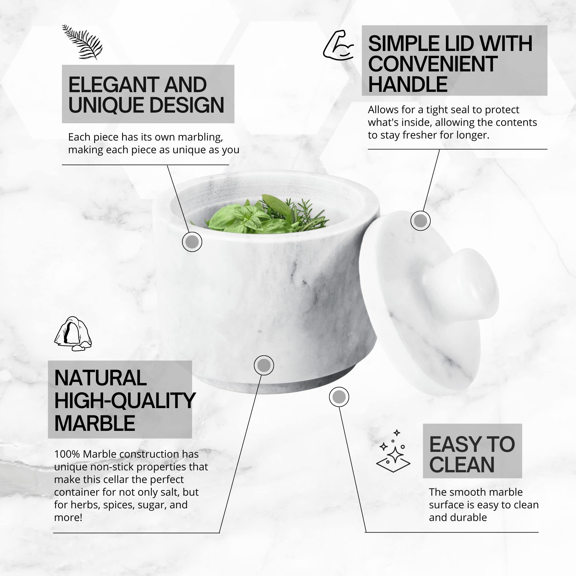 Flexzion Marble Salt Cellar with Lid - Premium Multi-Purpose Marble Container for Spices (Salt, Pepper, Paprika) & Jewelry Storage - Elegant Marble Box for Kitchen, Dining Table & Vanity Organizer (White) - Perfect for Home Decor & Gift Giving