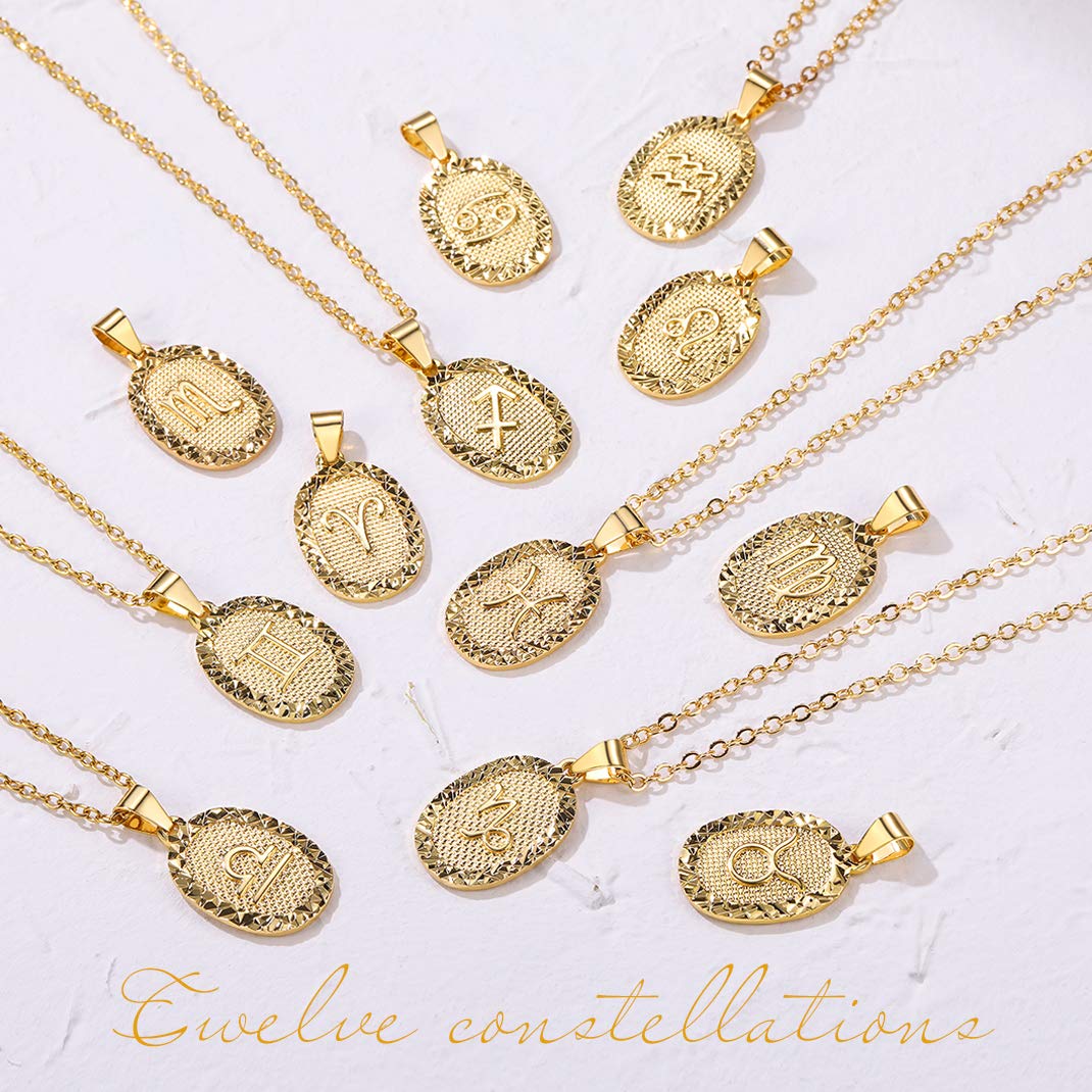 GOLDCHIC Zodiac Necklace for Women & Men - 14K Gold Plated Constellation Coin Pendant, Horoscope Astrology Jewelry Gift - Perfect for Birthday, Anniversary & Everyday Lucky Charm