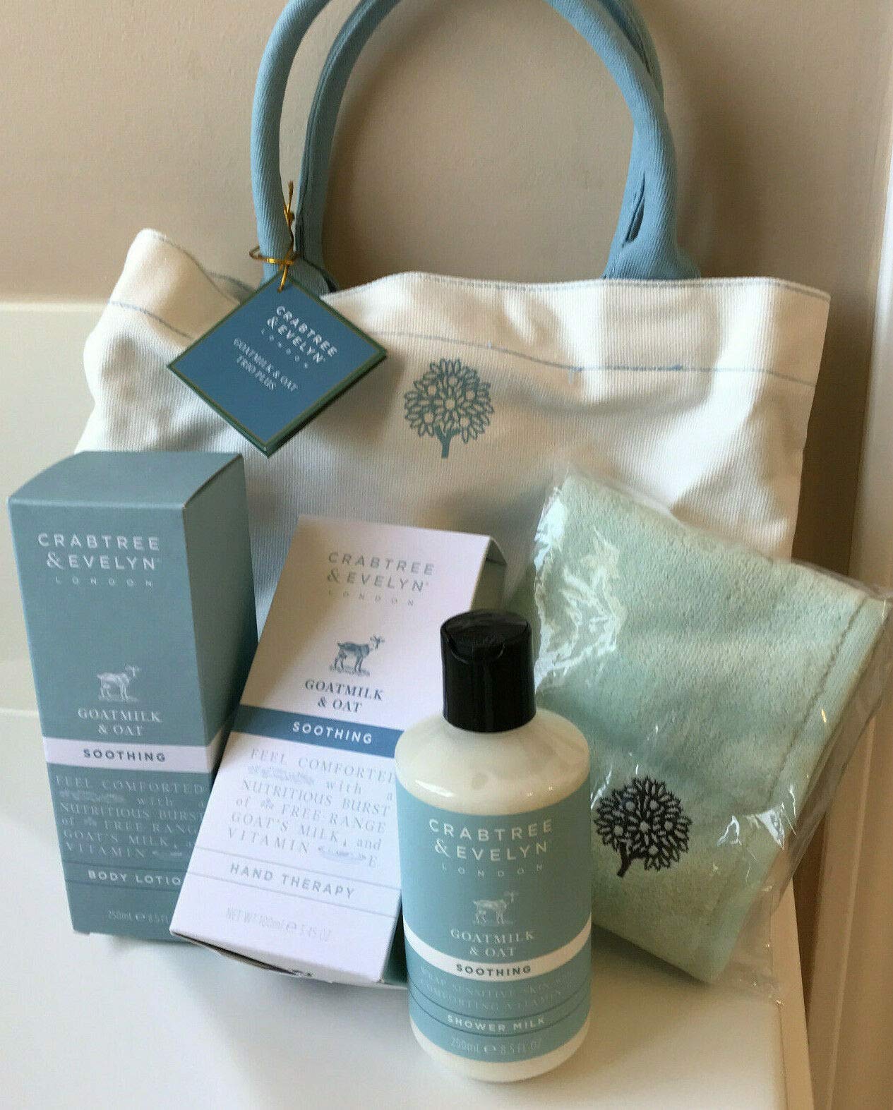 CRABTREE & EVELYN Goatmilk & Oat Trio Gift Set with Tote Bag & Towel - Hand Cream, Shower Milk & Body Lotion (100ml/250ml) - Perfect for Spa Day, Self-Care & Luxury Gifts