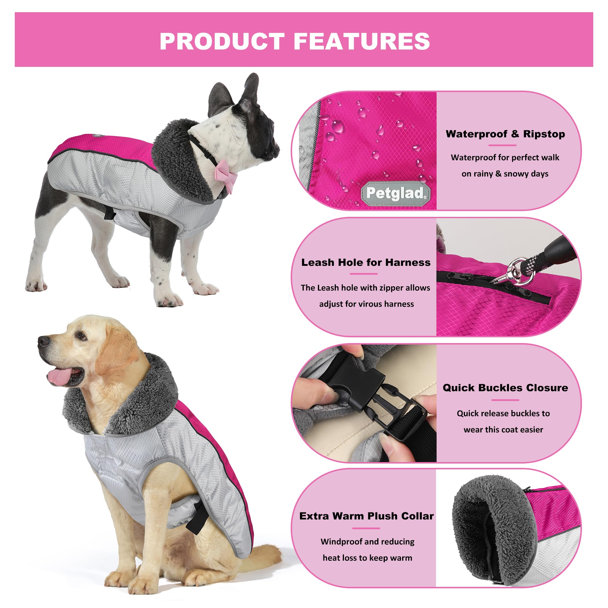 Waterproof Ripstop Dog Winter Coat with Leash Hole & Reflective Trim - Warm Fleece Snow Vest for Small, Medium, Large Dogs (Rosy Red, Size L) - Perfect for Cold Weather Walks, Outdoor Adventures & Winter Protection