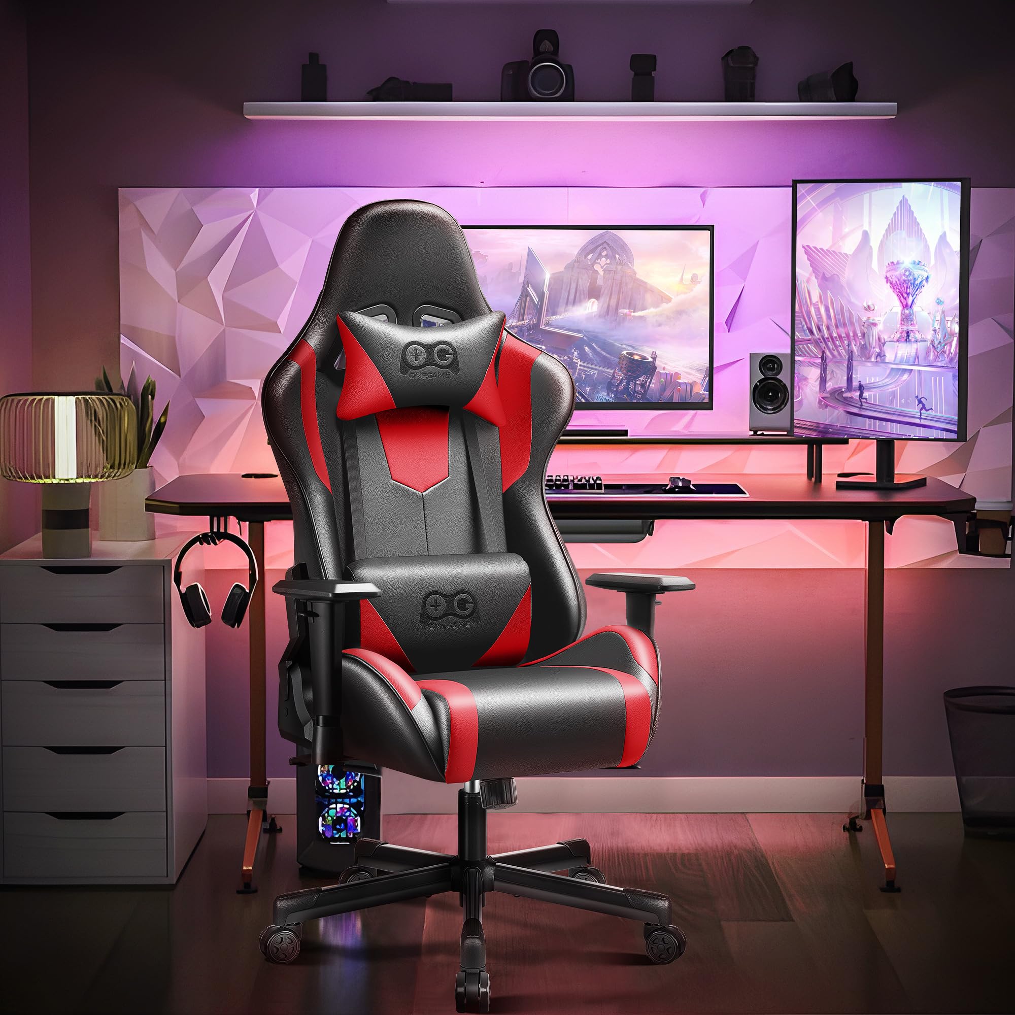 OneGame Ergonomic Gaming Chair - High Back PU Leather Office Chair with 155° Adjustable Recline, Lumbar Support & Swivel Base (Black/Red) - Perfect for PC Gaming, Home Office & Workstations