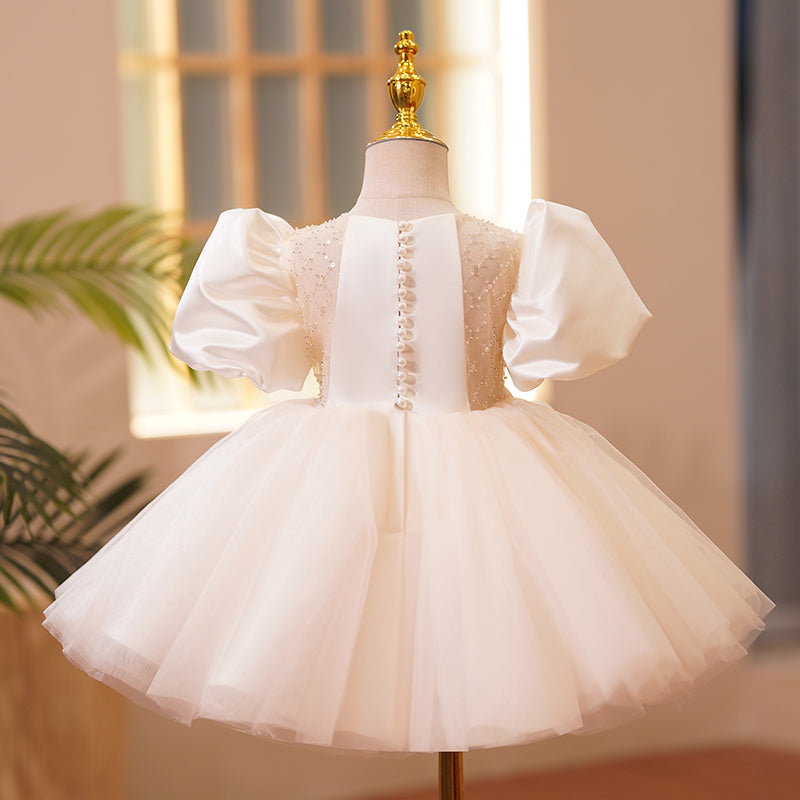 White Satin Tulle Princess Flower Girl Dress with Pleated Puff Sleeves - Perfect for Weddings, Birthday Parties & Special Occasions