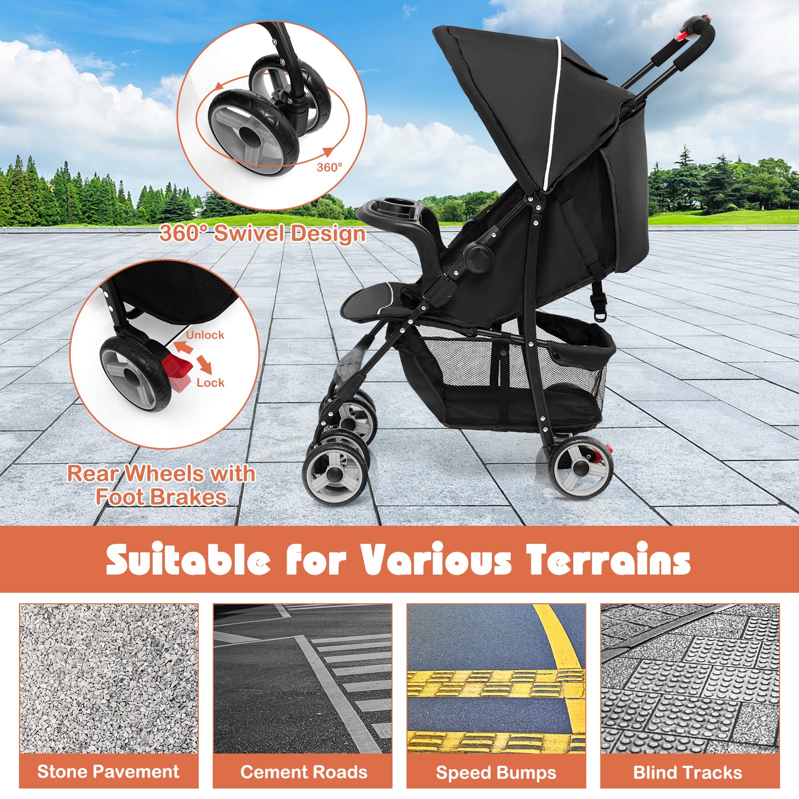 HONEY JOY Lightweight Compact Travel Stroller for Toddlers & Infants - Adjustable Canopy, Reclining Backrest, Storage Basket - Airplane Approved Foldable Umbrella Stroller (Black) | Perfect for Air Travel, Shopping, Walks & Daily Use