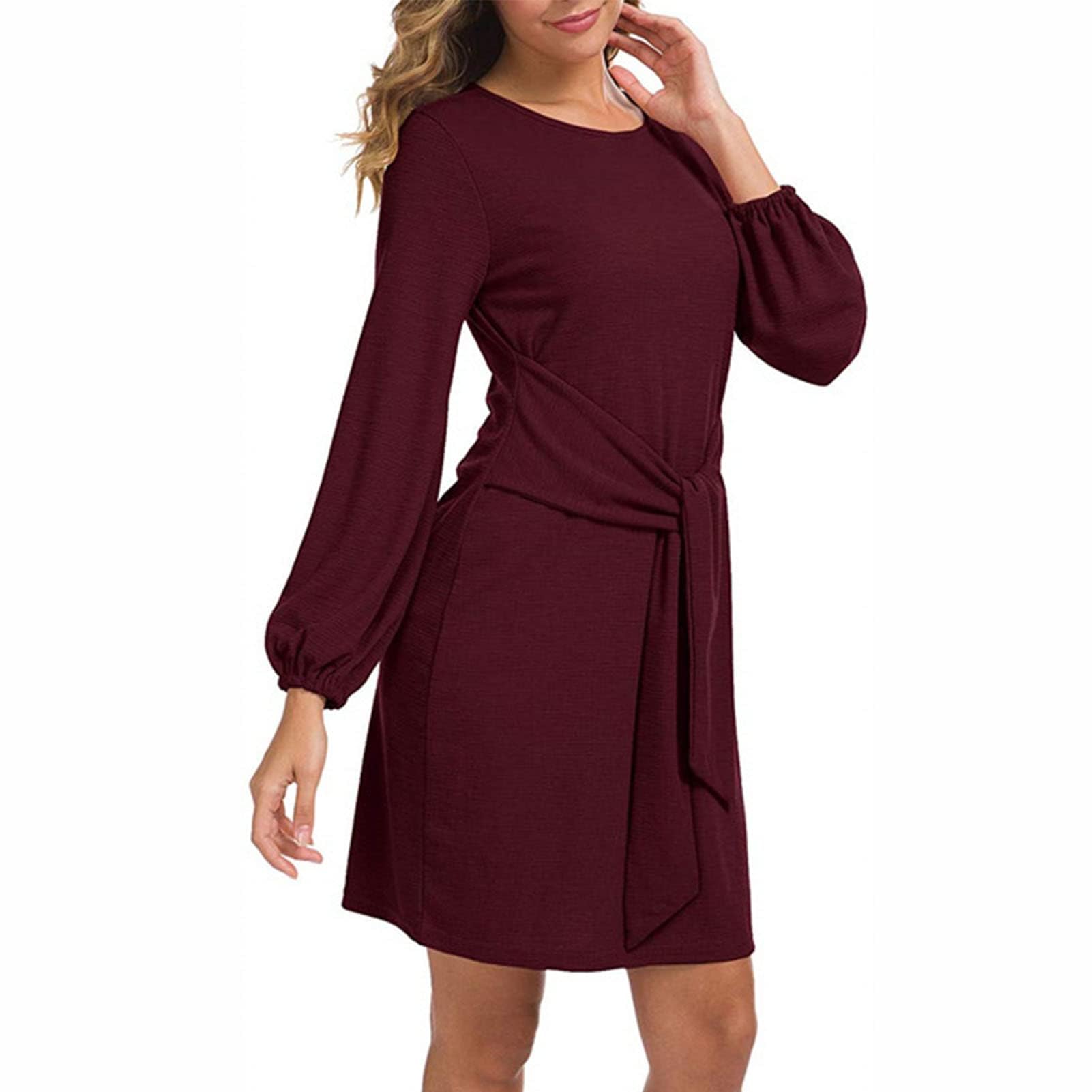 2024 Women's Elegant Long Lantern Sleeve Short Dress - Tie Waist Crewneck Cocktail Party Dress for Evening Events, Weddings & Date Nights