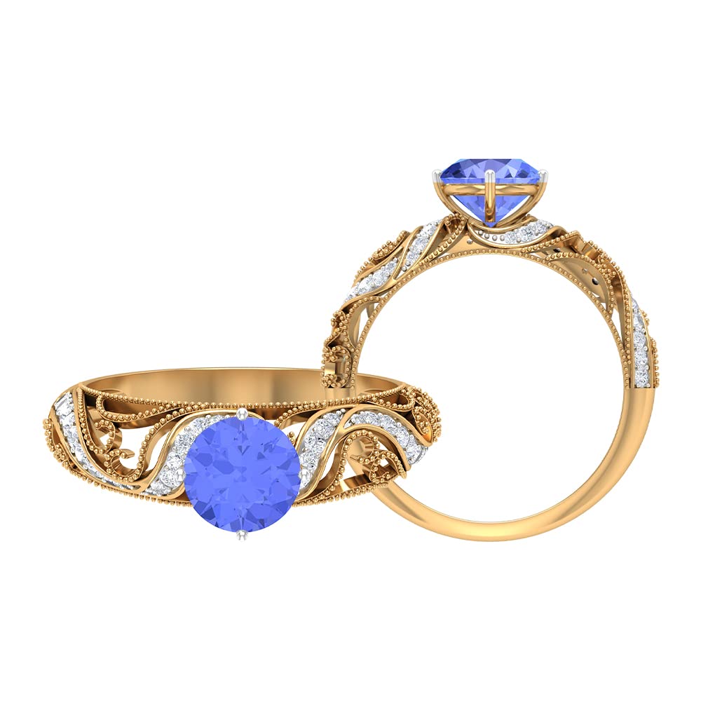 1.50 Carat Tanzanite and Moissanite Vintage Ring for Women - 6.50mm Round Cut Tanzanite in 14K Solid Gold - Elegant Jewelry for Weddings, Anniversaries & Special Occasions