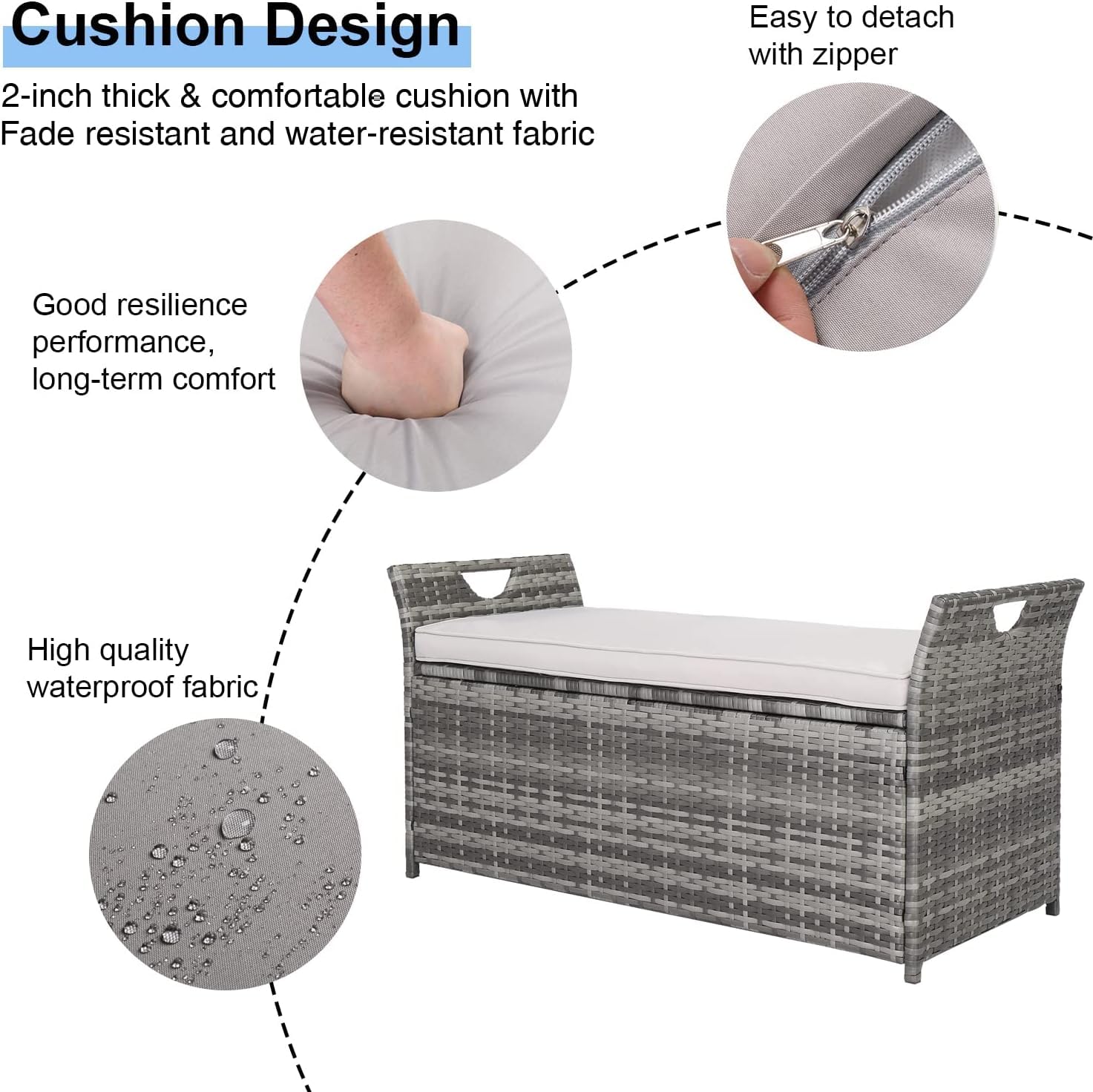 Pvillez PE Rattan Outdoor Storage Bench with Comfy Beige Seat Cushion - 33 Gallon Grey Wicker Deck Storage Box for Patio, Porch, Garden, Balcony - Perfect for Storing Yard Tools, Pool Toys & Outdoor Cushions | Weather-Resistant & Space-Saving Solution