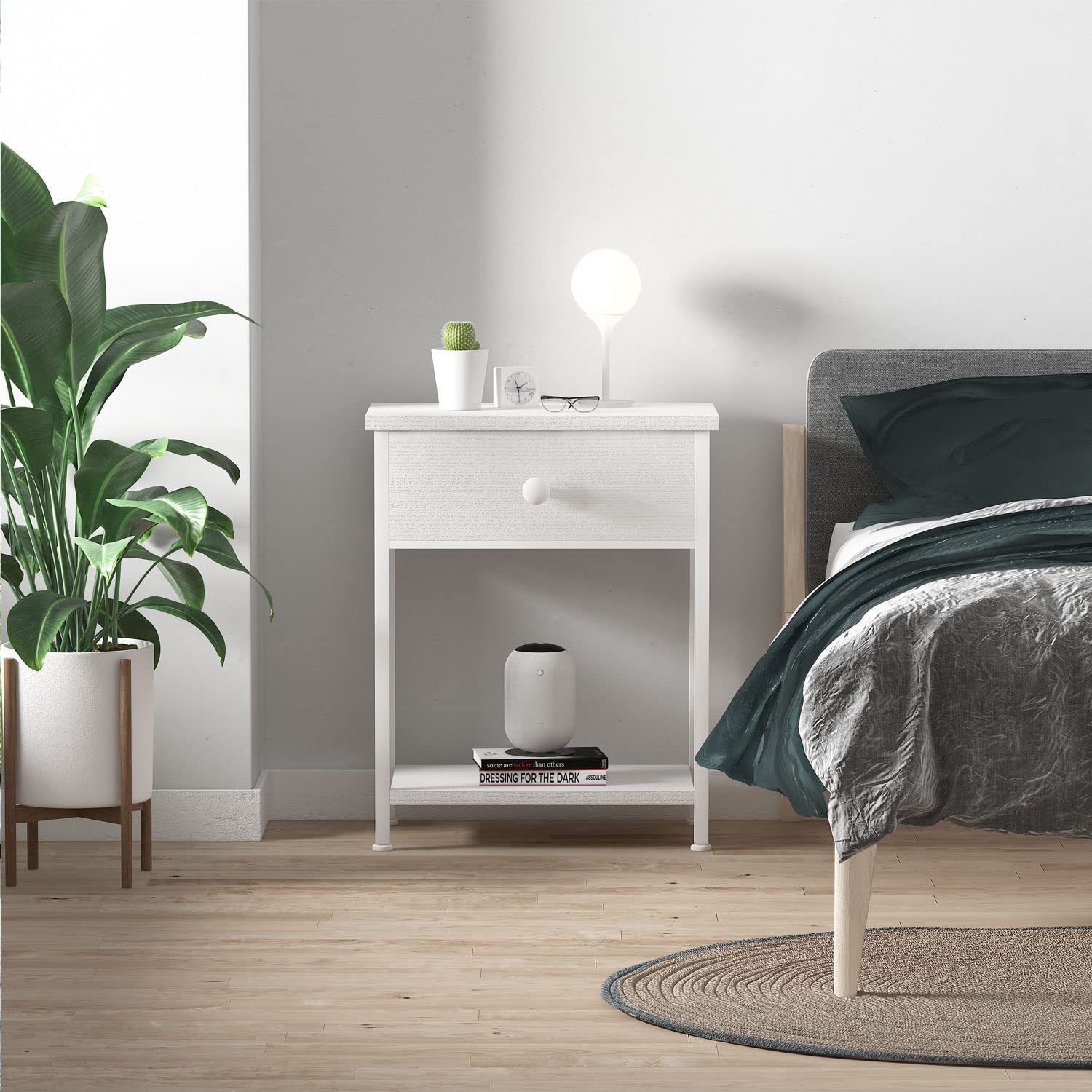 Modern White Nightstands Set of 2 - Small Bedside Tables with Drawer & Shelf Storage - Perfect for Bedroom, Dorm, Apartment - Compact End Tables for Small Spaces & Nighttime Essentials Organization
