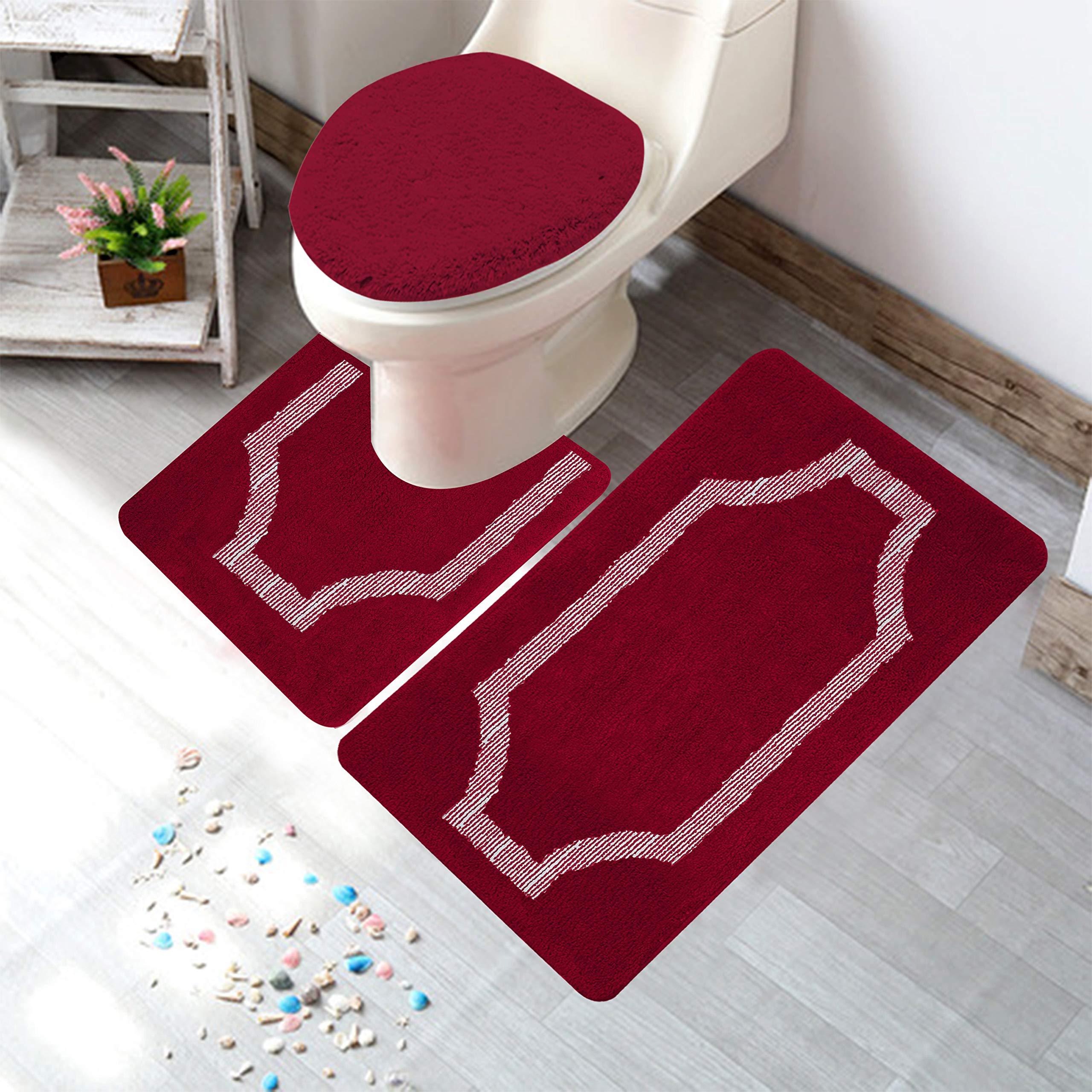 Premium 3-Piece Bathroom Rug Set - Non-Slip Rubber Backing, Soft Absorbent Microfiber (Burgundy) for Modern Bathrooms - Includes Bath Mat, Contour Mat & Toilet Lid Cover - Perfect for Master Bath, Guest Bath & Apartment Decor