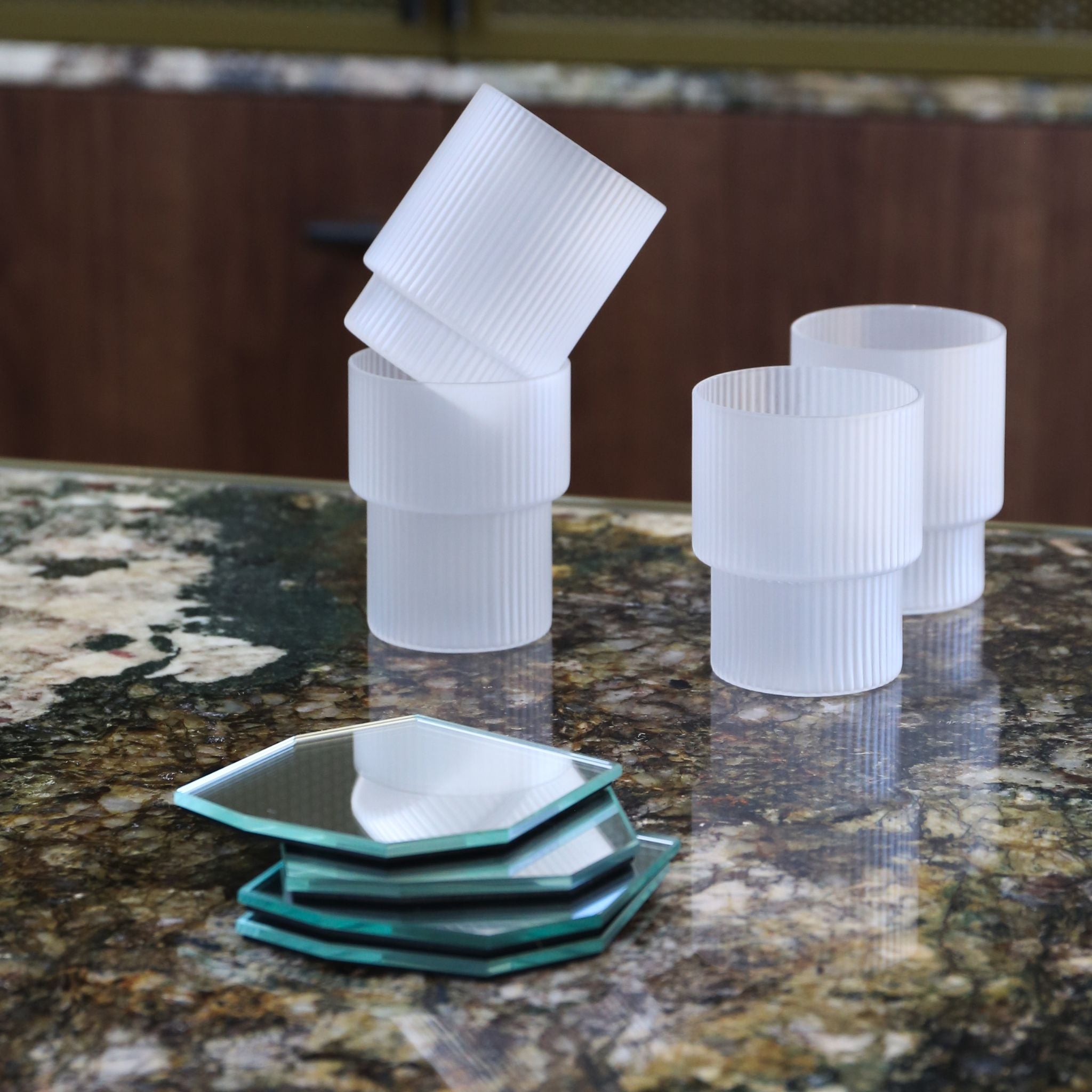 FERM LIVING Shard Coasters Set of 4 - Modern Mirror Finish Drink Coasters for Coffee Table, Bar, and Home Decor - Perfect for Protecting Surfaces from Water Rings and Stains
