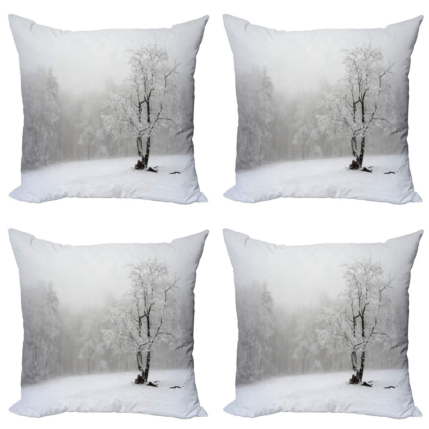 Ambesonne Winter Landscape Tree Throw Pillow Covers - Pack of 4, 20 Inch Snowy Field & Foggy Forest Design, Double-Sided Digital Printed Decorative Cushion Covers in White & Black - Perfect for Living Room Sofa, Bedroom Decor and Seasonal Home Accents
