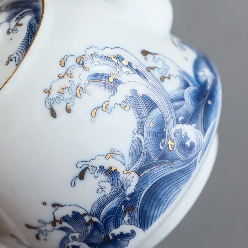Premium Chinese Sea Wave Ceramic Teapot with 24K Gold Trim - Elegant Tea Brewing for Home, Office & Gift Giving