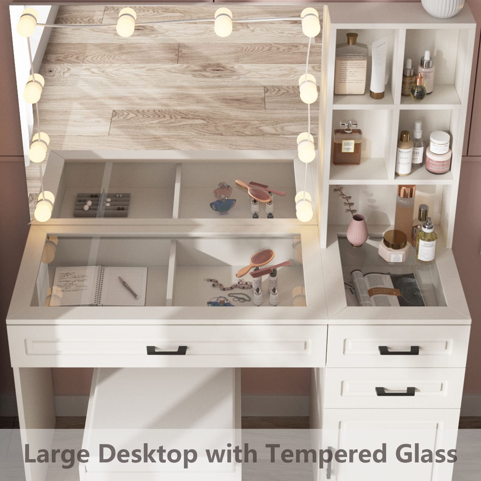Fameill White Vanity Desk with Mirror and LED Lights - Glass Top Makeup Table with 3 Drawers & Storage Cabinets - Large HD Mirror Dressing Table - 3 Lighting Modes & Adjustable Brightness - 45 Inch Vanity Desk for Bedroom, Bathroom & Dorm Room Makeup Organization