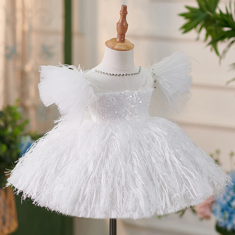 White Fluffy Feather Formal Dress for Baby Girls - Princess Communion & Prom Gown for Special Occasions