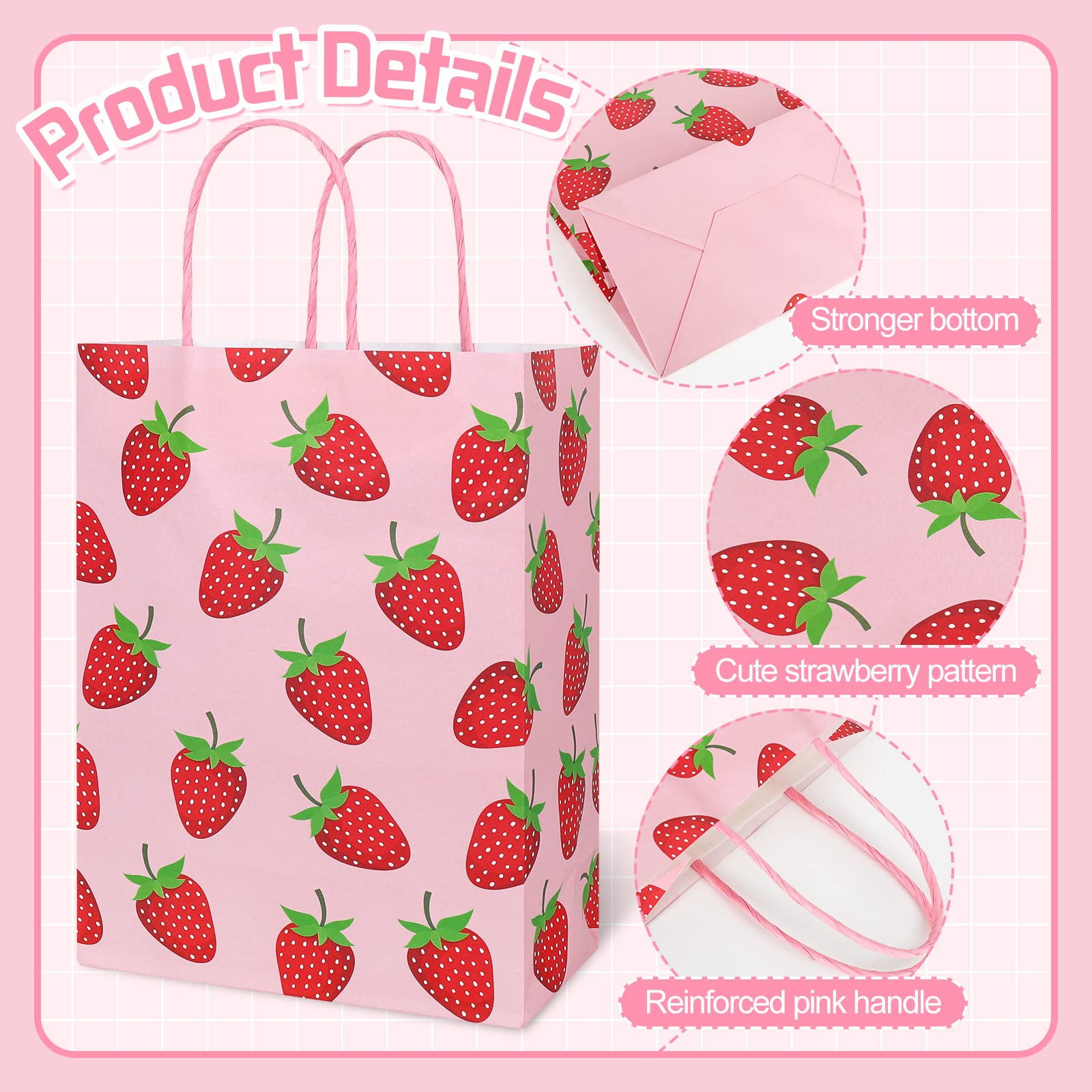 24 Pack Strawberry Gift Bags with Handles - Red & Pink Party Favor Bags for Birthday, Baby Shower, Wedding - Berry Sweet Decorative Paper Goody Bags for Candy, Treats & Small Gifts - Perfect for Party Favors, Classroom Rewards & Special Occasions