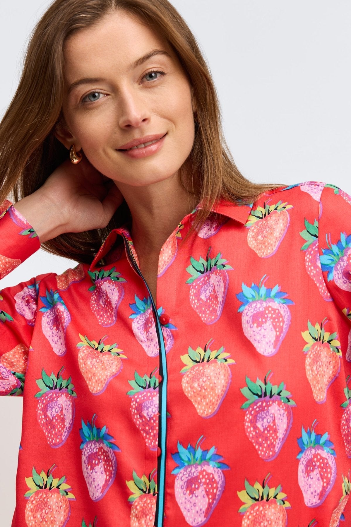 Charlie Strawberry Delight Long Sleeve Shirt for Women - Soft Cotton Casual Tops - Perfect for Spring Outfits & Weekend Brunch