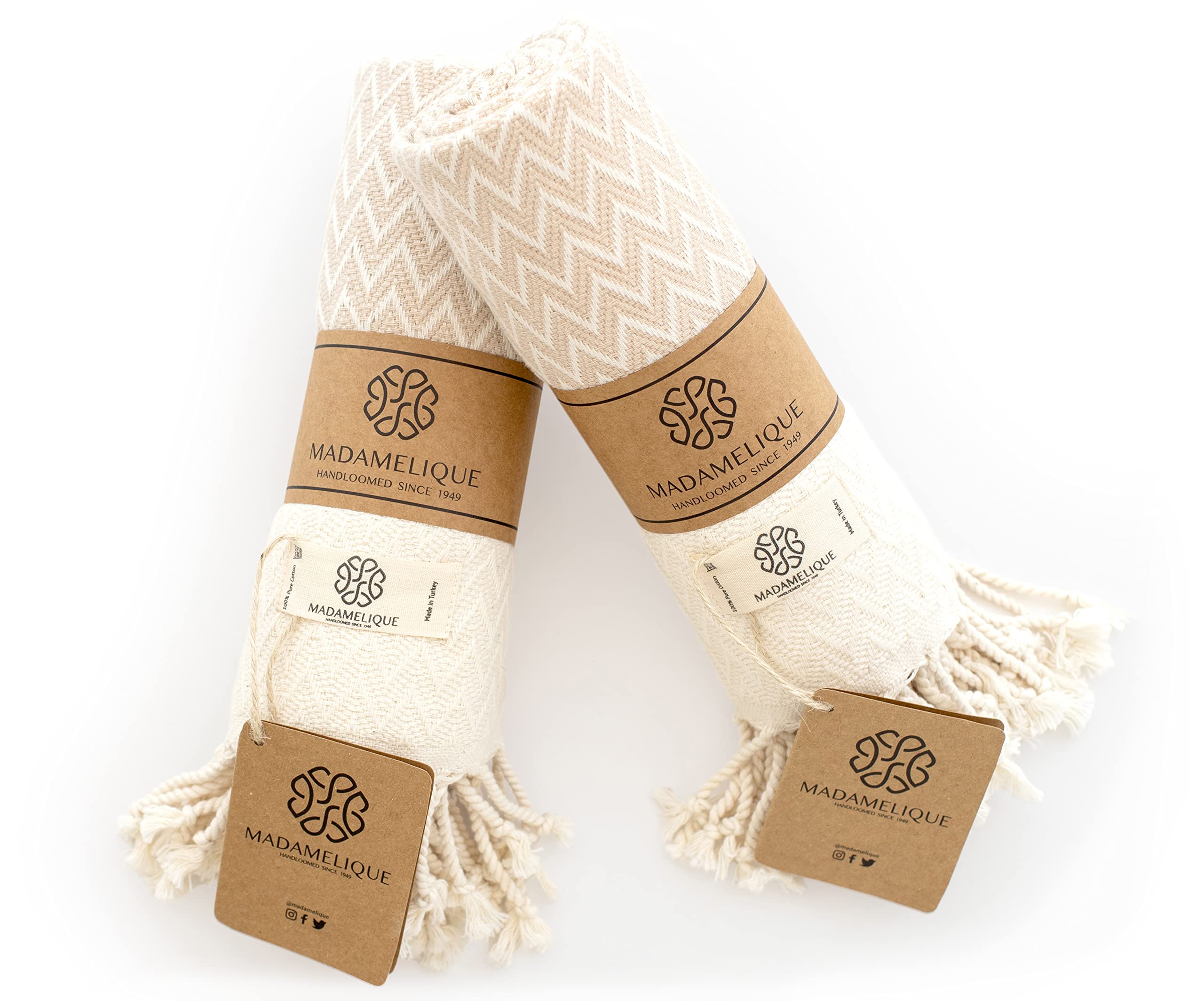 Madamelique 100% Pure Cotton Hand Towels Set of 2 (18x40 Inches) - Soft Absorbent Bath & Kitchen Towels for Hand, Face, Hair, Yoga, Spa, Tea Time & Dish Drying - Decorative Peshtemal Towel for Bathroom, Guest House & Luxury Hotels (Beige)