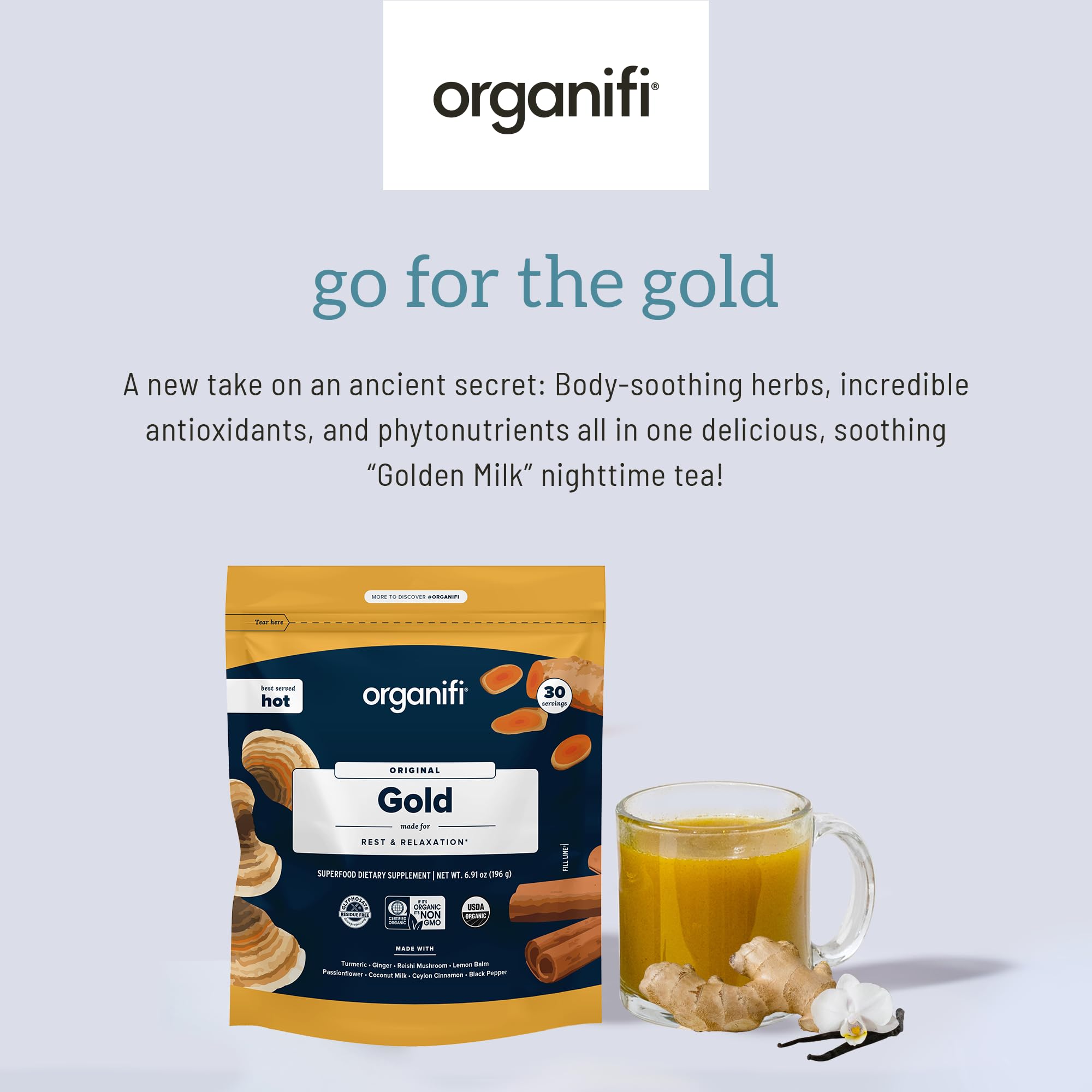 Organifi Gold Superfood Supplement Powder - 90 Servings (3 Pack) - Stress Relief, Better Sleep & Relaxation with Turmeric & Reishi Mushroom - Vegan, Gluten-Free Wellness Drink for Nighttime, Travel & Daily Stress Management