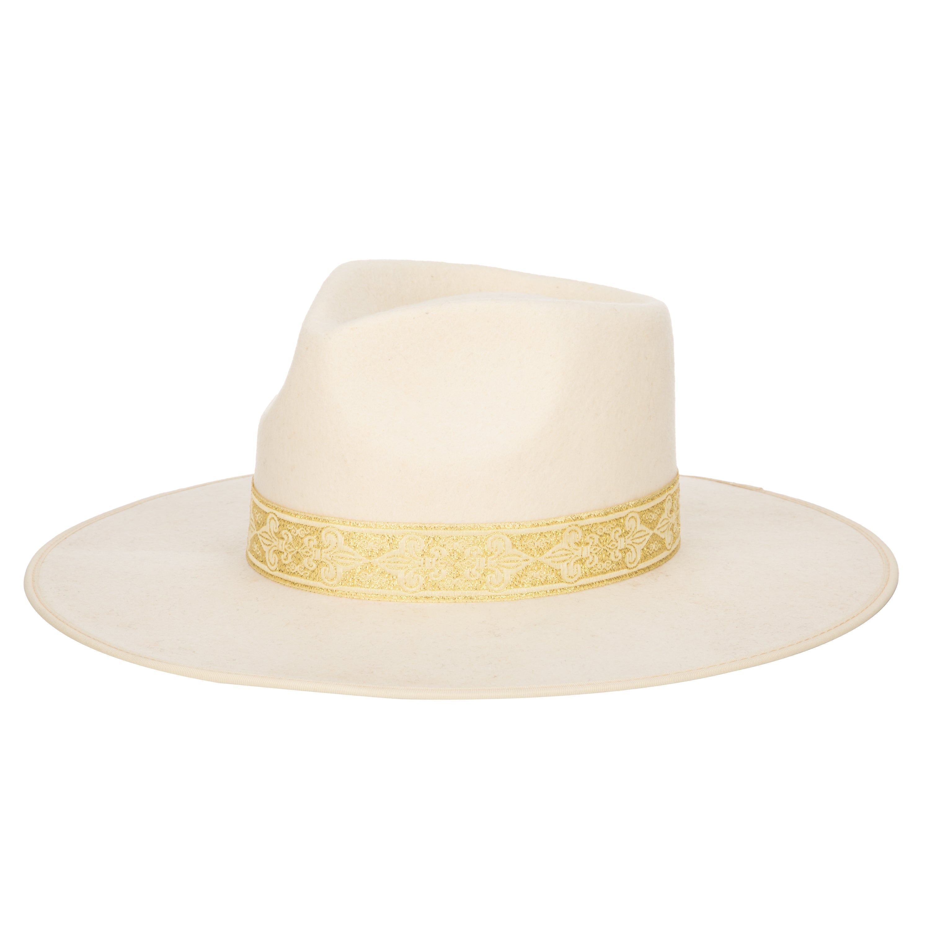 Love At First Sight Women's Wool Felt Fedora Hat with Gold Jacquard Band - Stylish Wide Brim Hat for Outdoor Events, Weddings & Fashion Accessories
