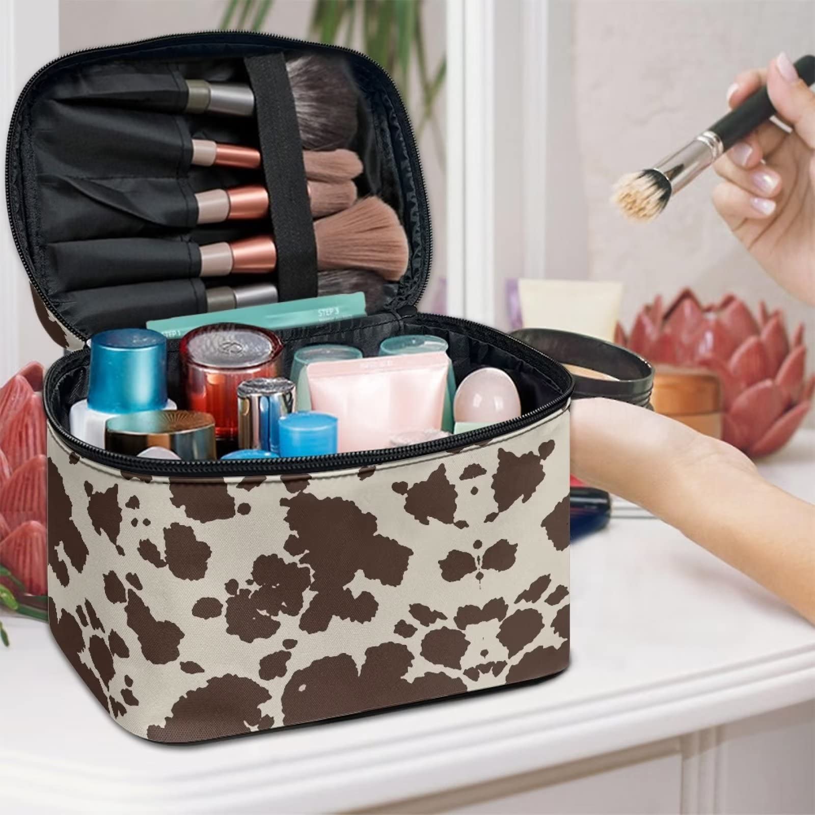 Stylish Brown Cowhide Travel Makeup Bag for Women - Portable Cosmetic Organizer with Carry Handle - Perfect for Toiletries Storage, Weekend Getaways & Airplane Essentials