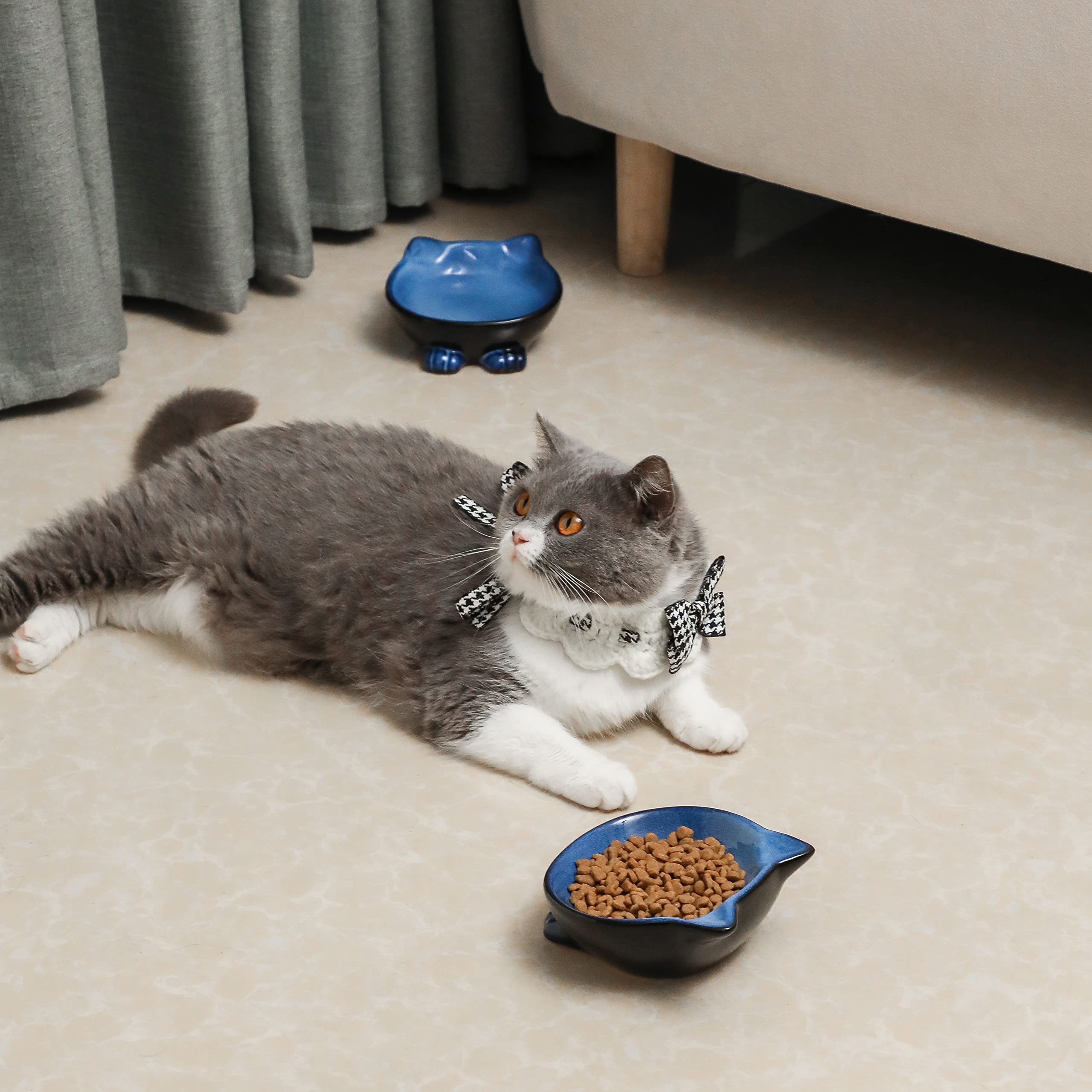 Nihow Ceramic Cat Bowl Set - 5 Inch Food & Water Dish for Cats - Food Grade, Microwave & Dishwasher Safe - Elegant Blue & Black (4.25 OZ, 1 Piece) - Perfect for Daily Feeding, Travel & Gift Giving