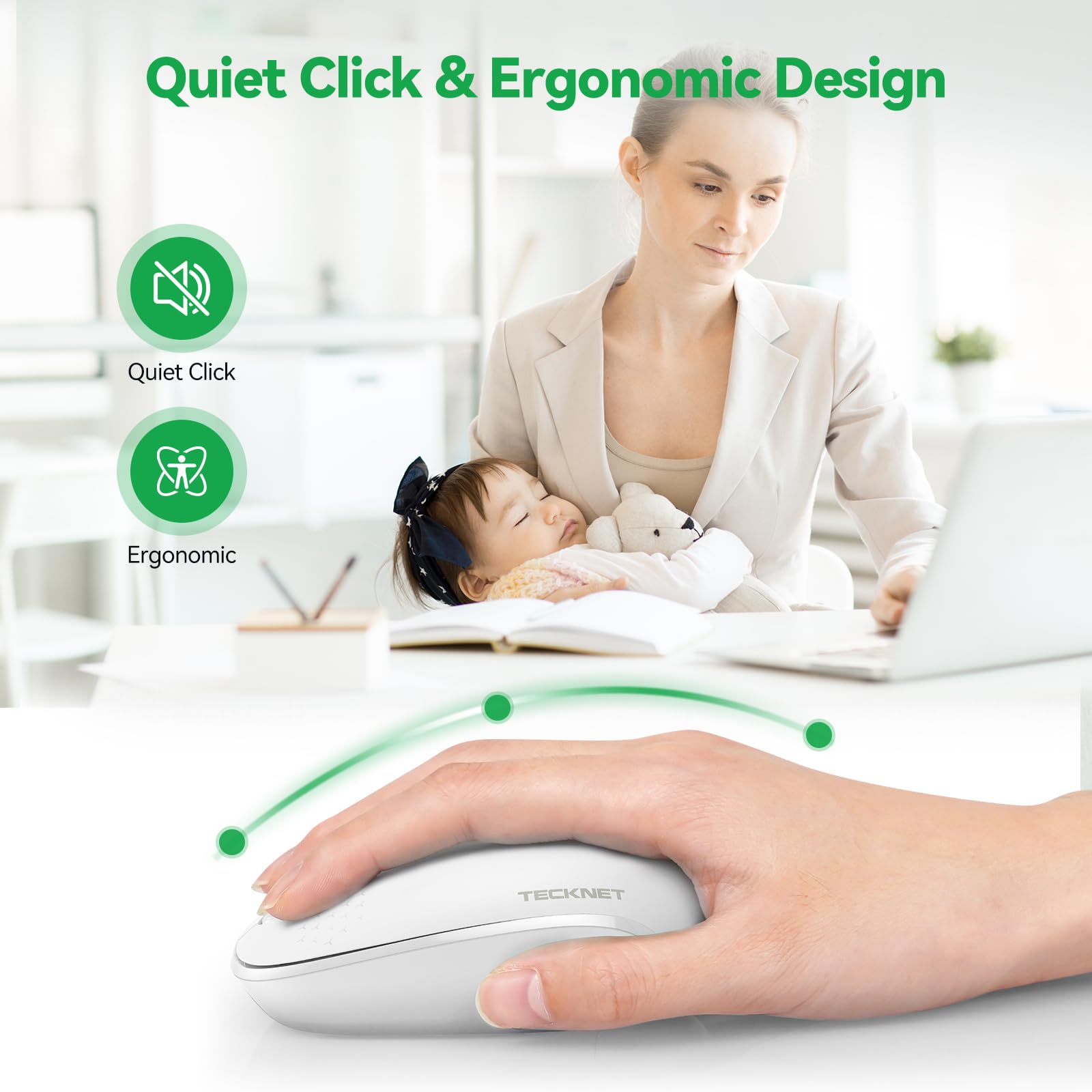 TECKNET 2.4G Wireless Quiet Mouse for Laptop, PC, Mac, Chromebook - 4 Buttons, USB Receiver, 800/1200/1600 DPI, Portable Cordless Design - White | Ideal for Office, Home, and Travel Use