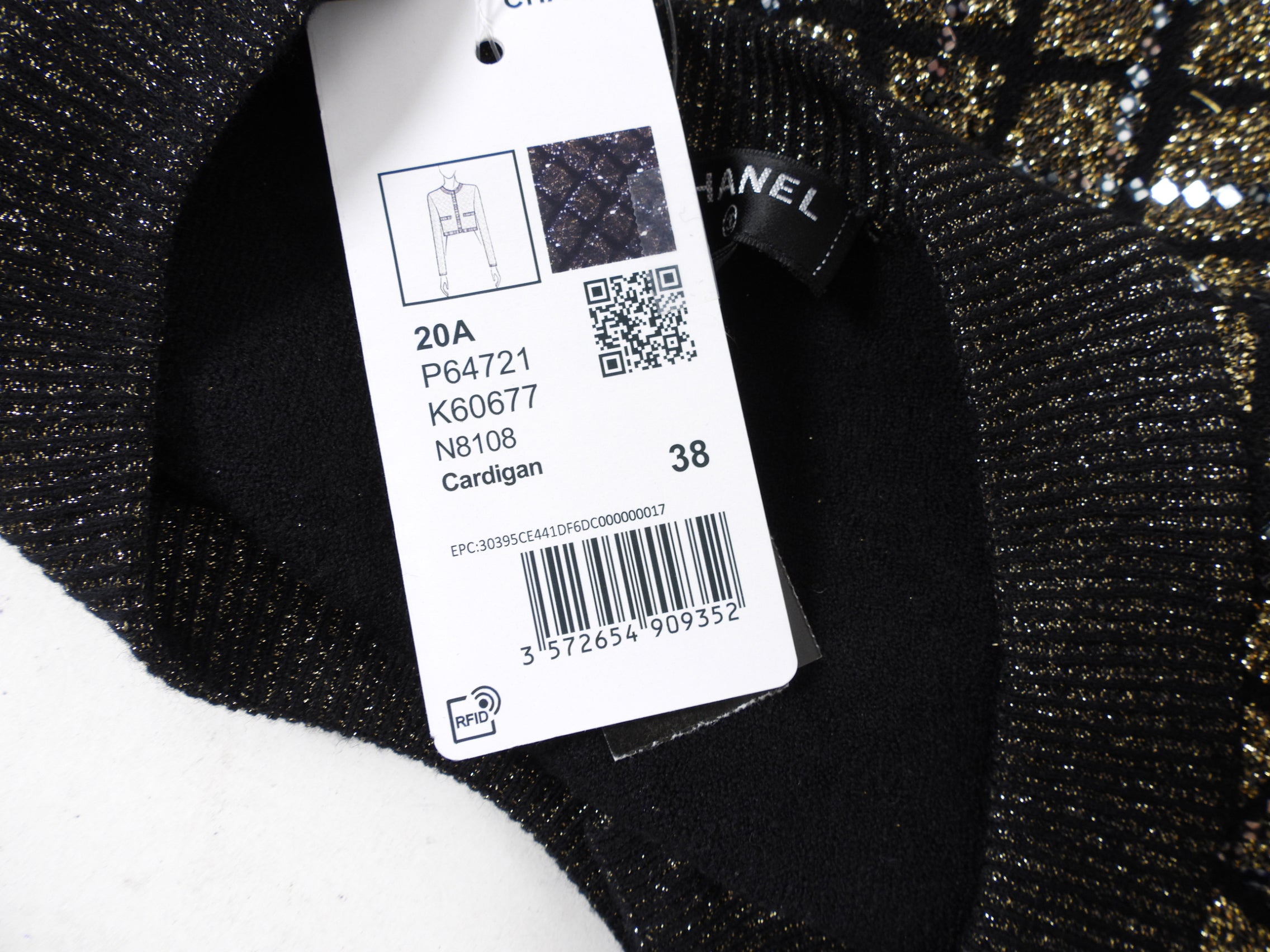 Chanel 20A Black & Gold Shimmer Knit Cardigan Sweater Women's Size FR38 - Perfect for Evening Parties & Luxury Fashion Outfits