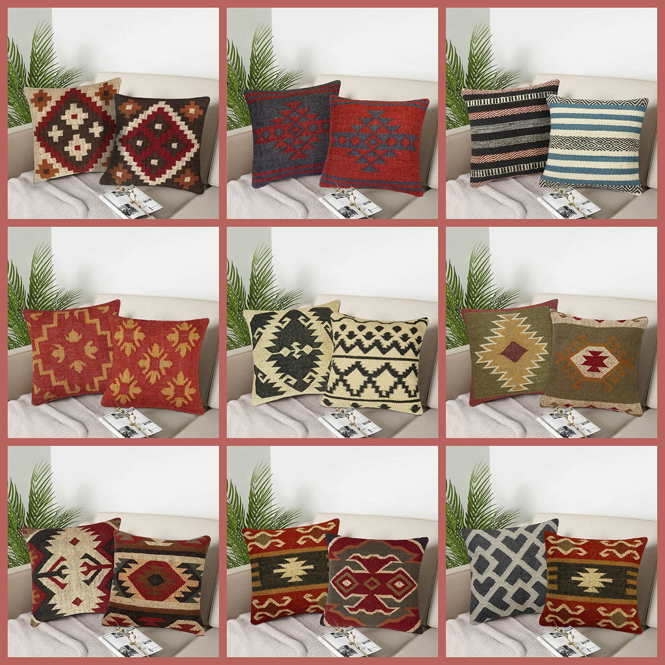 Handmade Wool Jute Kilim Cushion Cover Set - 18'' Square Bohemian Throw Pillow Covers for Sofa, Meditation & Home Decor (Set of 18) - Perfect for Living Room, Bedroom & Yoga Studio