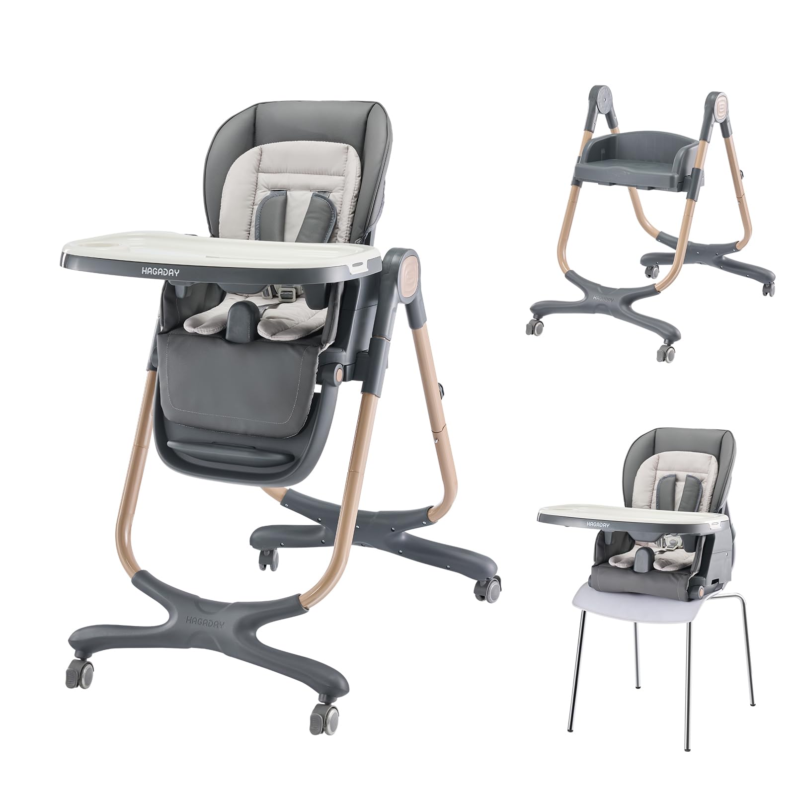 6 in 1 Convertible Baby High Chair with Tray - Foldable Toddler Booster Seat for Dining Table, Portable Feeding Chair with 4 Wheels & Dishwasher Safe Tray (Gold-Grey) - Perfect for Home, Restaurant & Travel Use