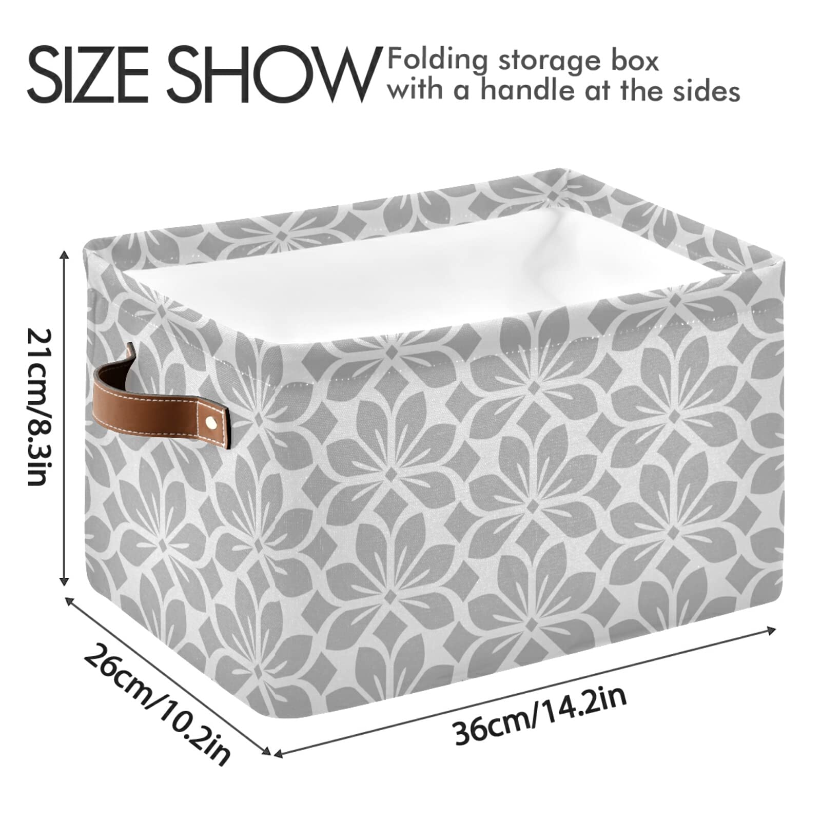Gray White Floral Storage Basket - Large Collapsible Fabric Bin with PU Handles for Home Organization | Perfect for Shelves, Closet, Nursery & Laundry Room (1-Pack)