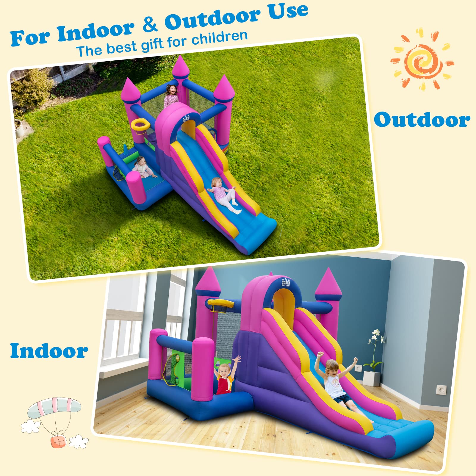 **GLACER Princess Inflatable Bounce House with Slide & Splash Pool – Kids Outdoor Jumping Castle for Backyard, Birthday Parties & Summer Fun – Includes Repair Kit, Ground Stakes & 735W Blower**