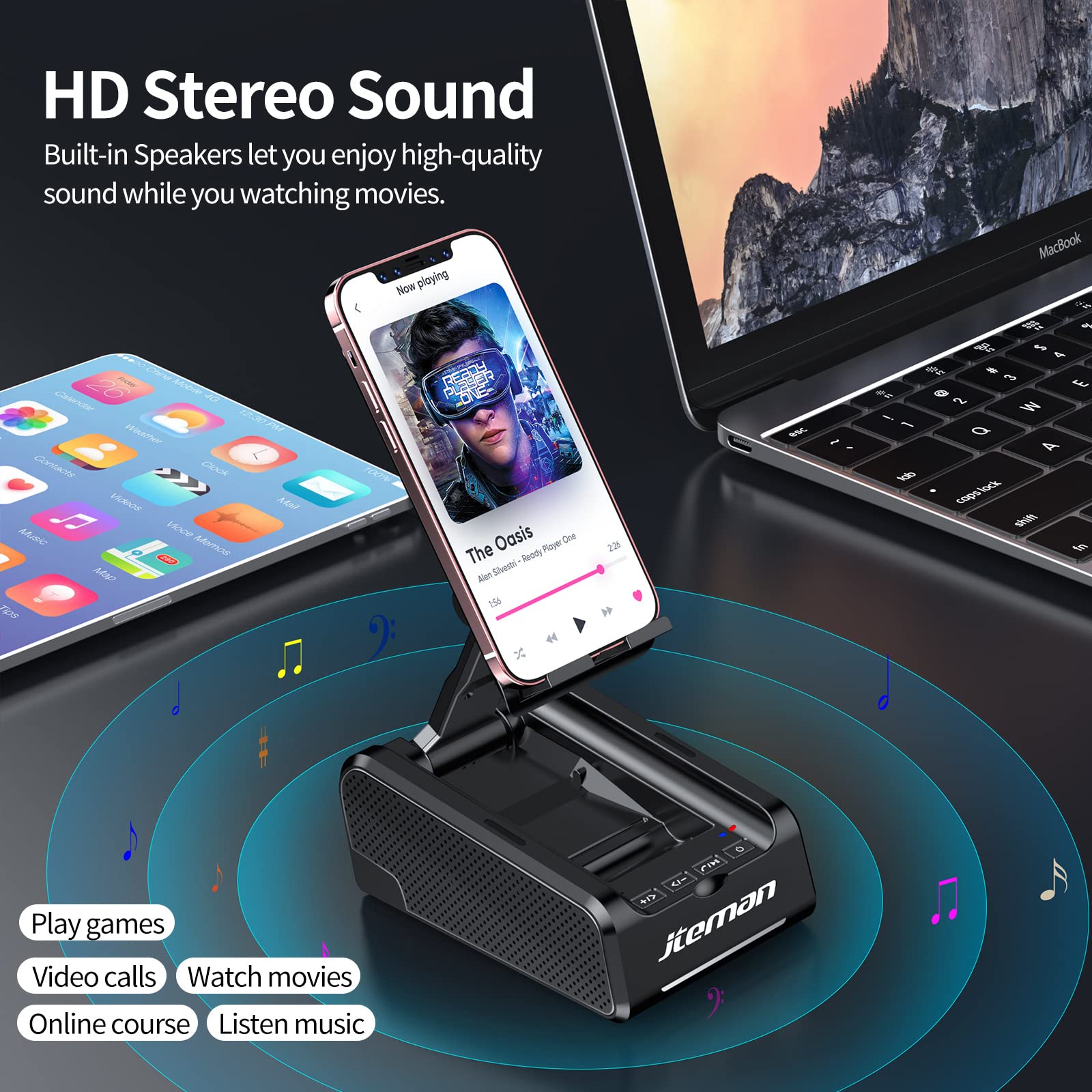 JTEMAN Wireless Bluetooth Speaker with Phone Stand - Portable Desktop Speaker for Kitchen, Office, Travel - Perfect Gift for Women and Men - Enjoy Music While Cooking, Working or Relaxing