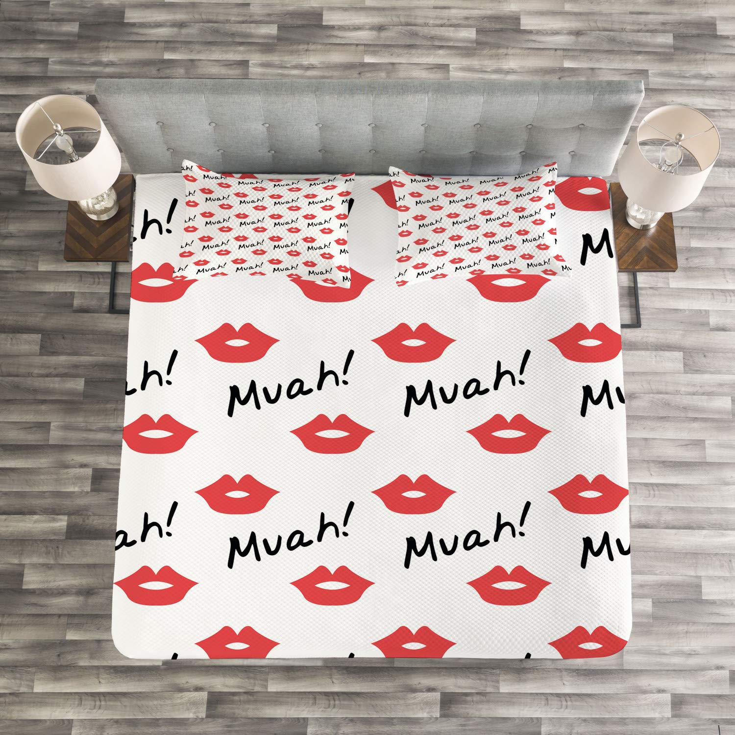 Ambesonne Romantic Red Lips Kiss Marks Bedspread Set - 3 Piece King Size Bedding with 2 Pillow Shams, Feminine Valentine's Day Decor | Perfect for Master Bedroom, Guest Room & Romantic Getaways