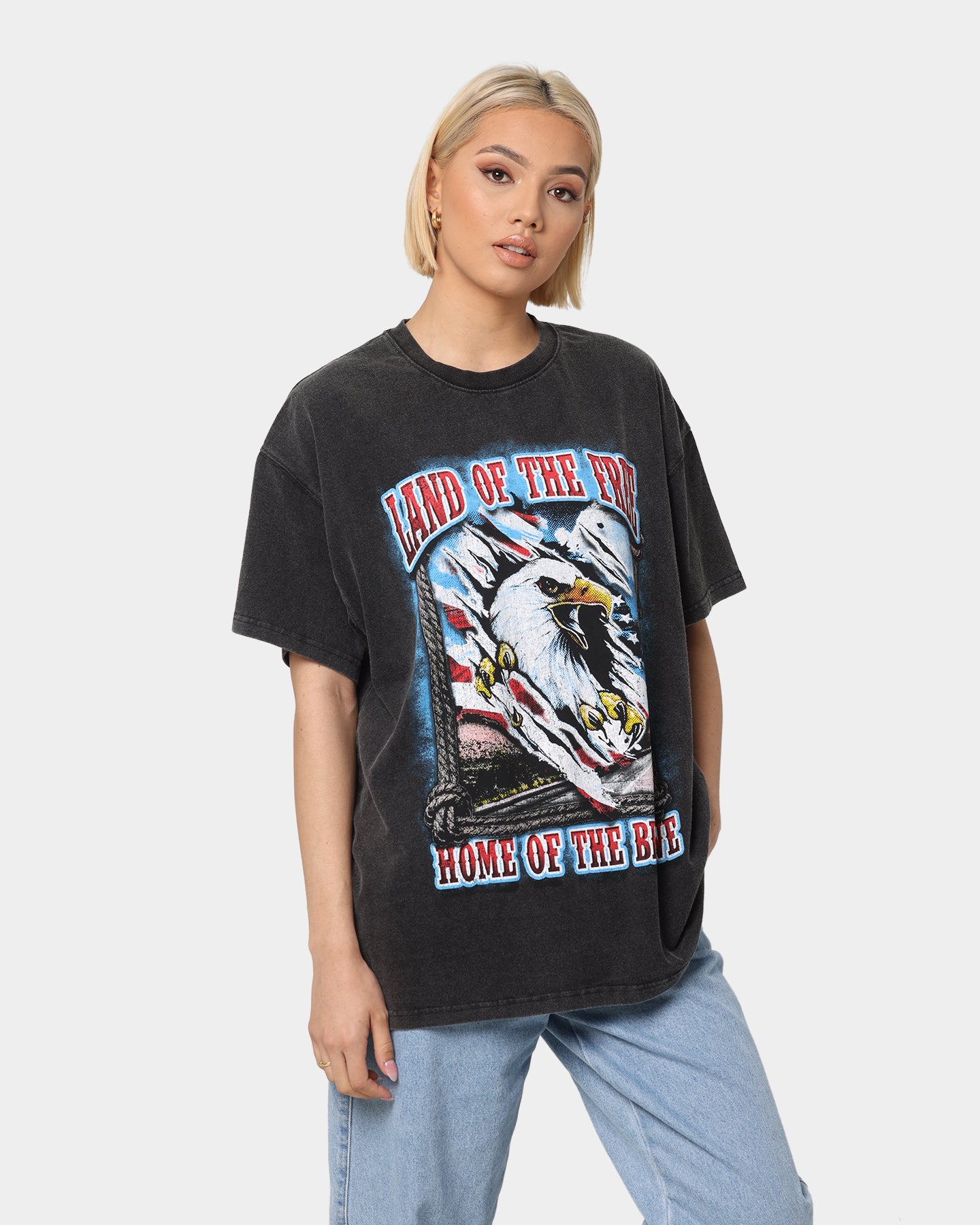 Vintage American Thrift 'Land Of The Free' T-Shirt - Distressed Black Wash Style for Men & Women | Perfect for Casual Wear, Patriotic Events & Retro Fashion