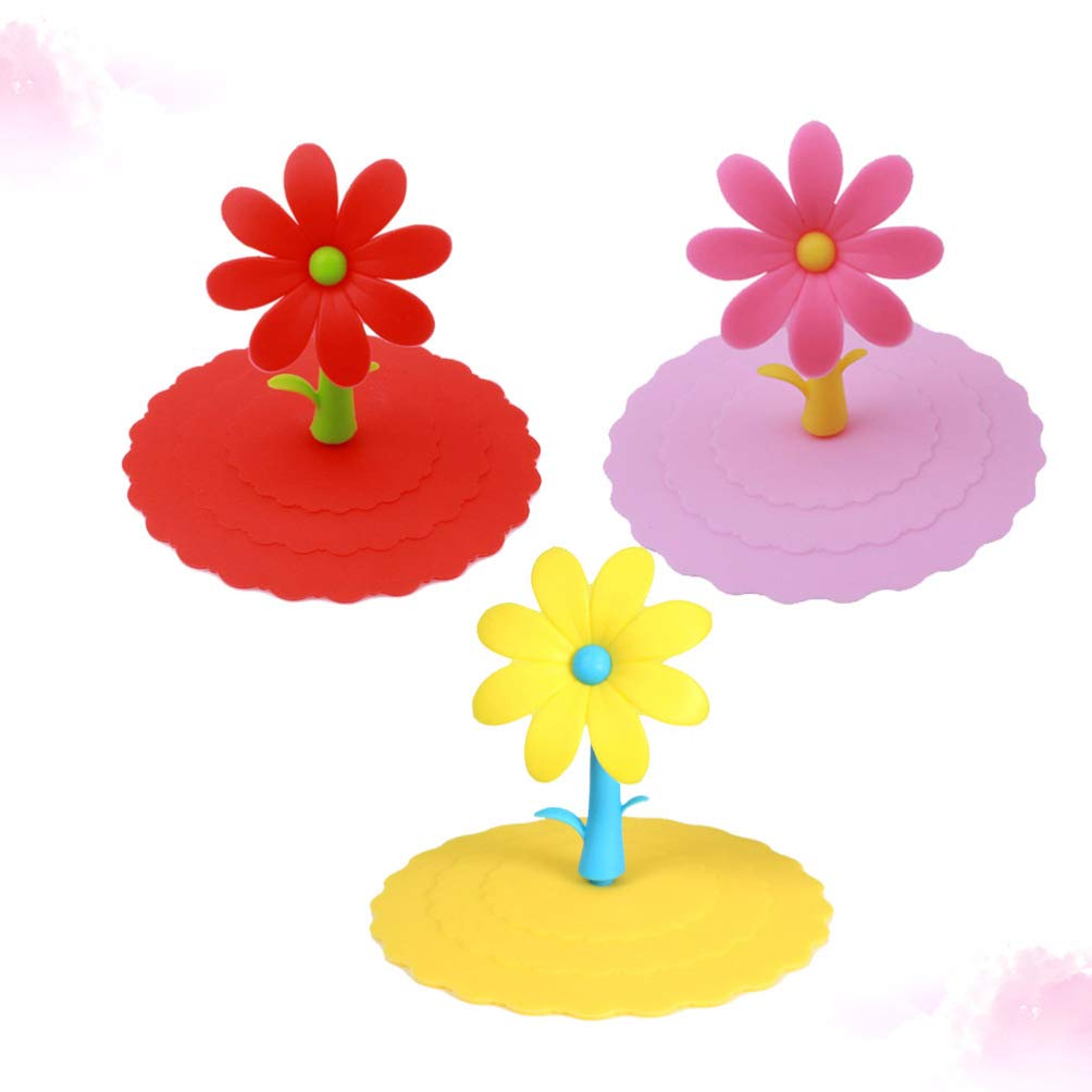 3-Pack Silicone Drink Cup Lids - Leakproof & Reusable Coffee Mug Covers with Flower Design for Hot/Cold Beverages - Perfect for Travel, Office & Home Use