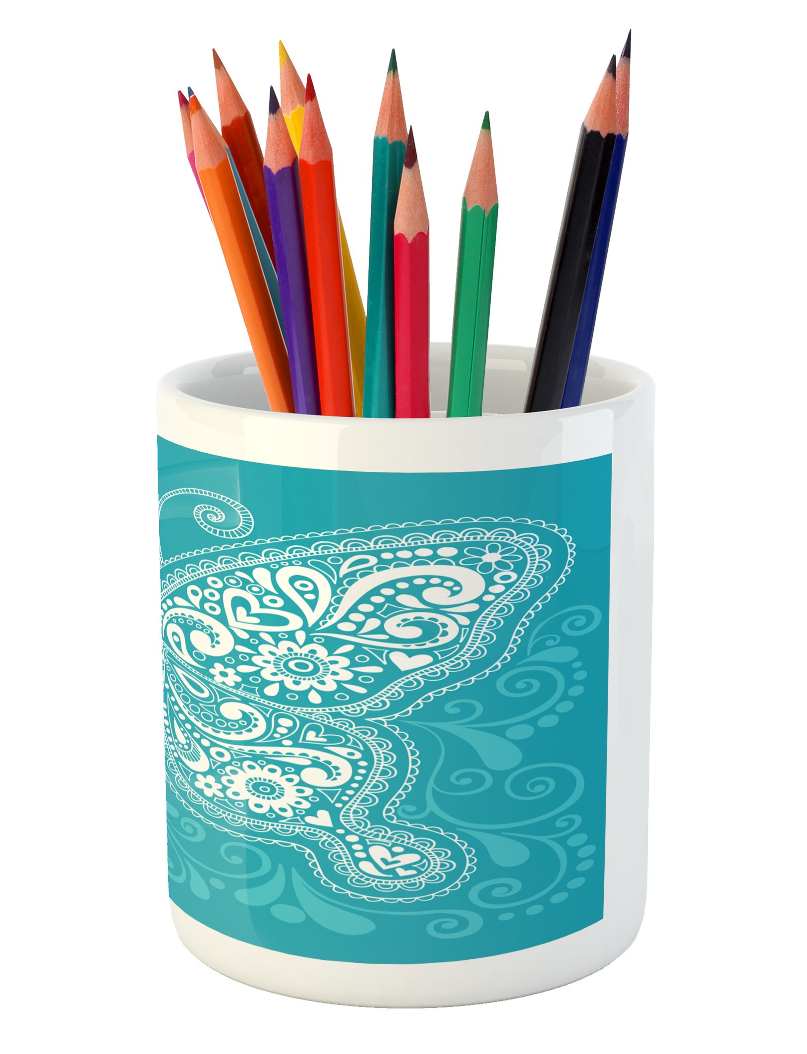 Lunarable Butterfly Pencil Holder - Floral Paisley Design with Hearts & Animal Illustrations, Ceramic Desk Organizer for Office & Home Decor | Perfect for Workstations, Study Rooms & Gift Giving (Pale Blue & White)
