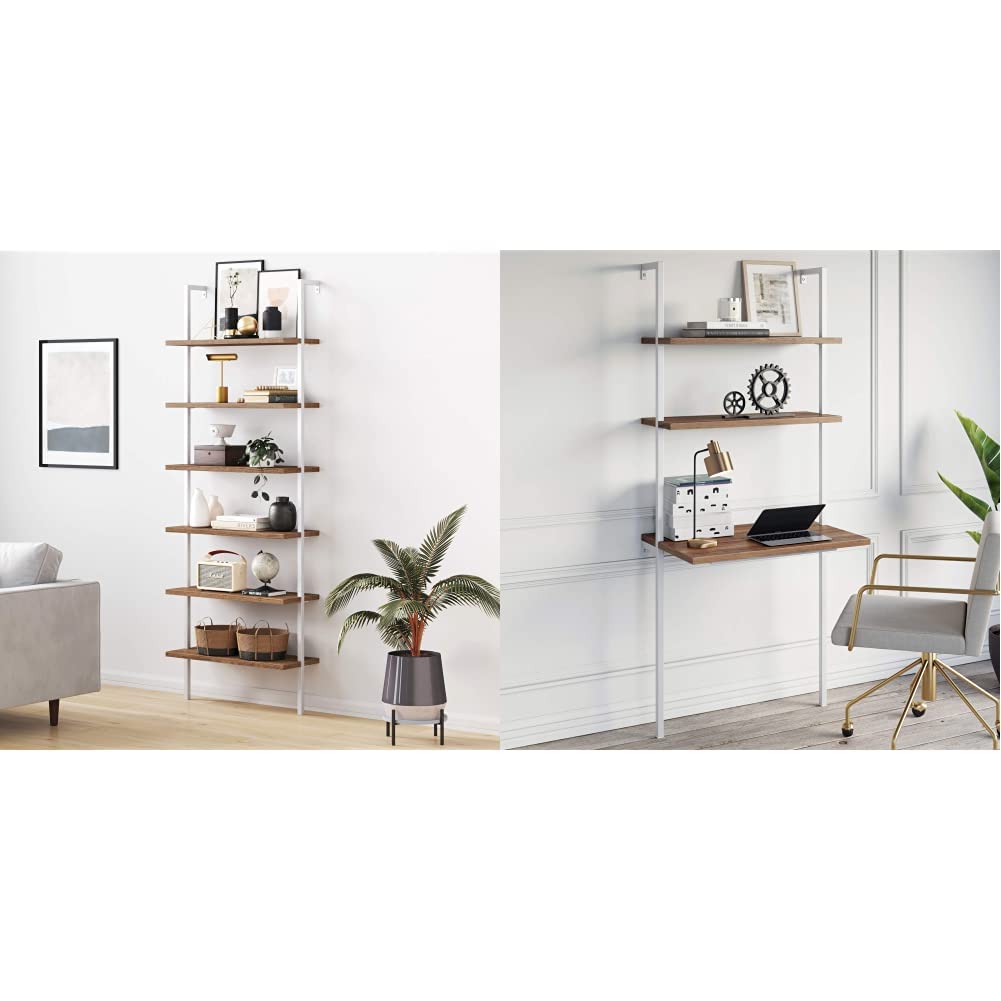 Nathan James Theo 6-Shelf Tall Bookcase & 2-Shelf Wall Mount Ladder Desk Set - Rustic Oak/White Finish - Space-Saving Storage Solution for Home Office, Living Room, or Bedroom