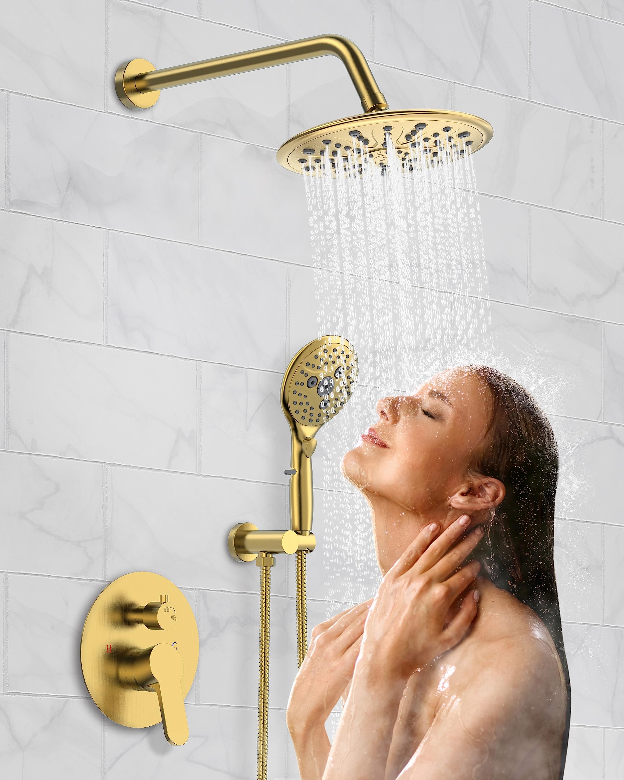 Suncleanse Gold Shower Faucet Set - 8.5 Inch Rainfall Shower Head with 7-Setting Handheld Sprayer, Rough-in Valve & Trim Kit - Complete Luxury Bathroom Shower System for Spa-like Experience