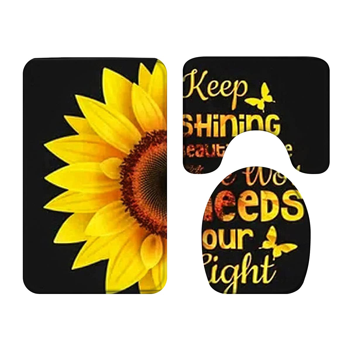 3-Piece Sunflower Bath Rug Set - Non-Slip Toilet Seat Cover, Contour Rug & Pedestal Mat with Gold Print on Black Background | Soft Bathroom Floor Mats for Toilet, Shower & Vanity Areas