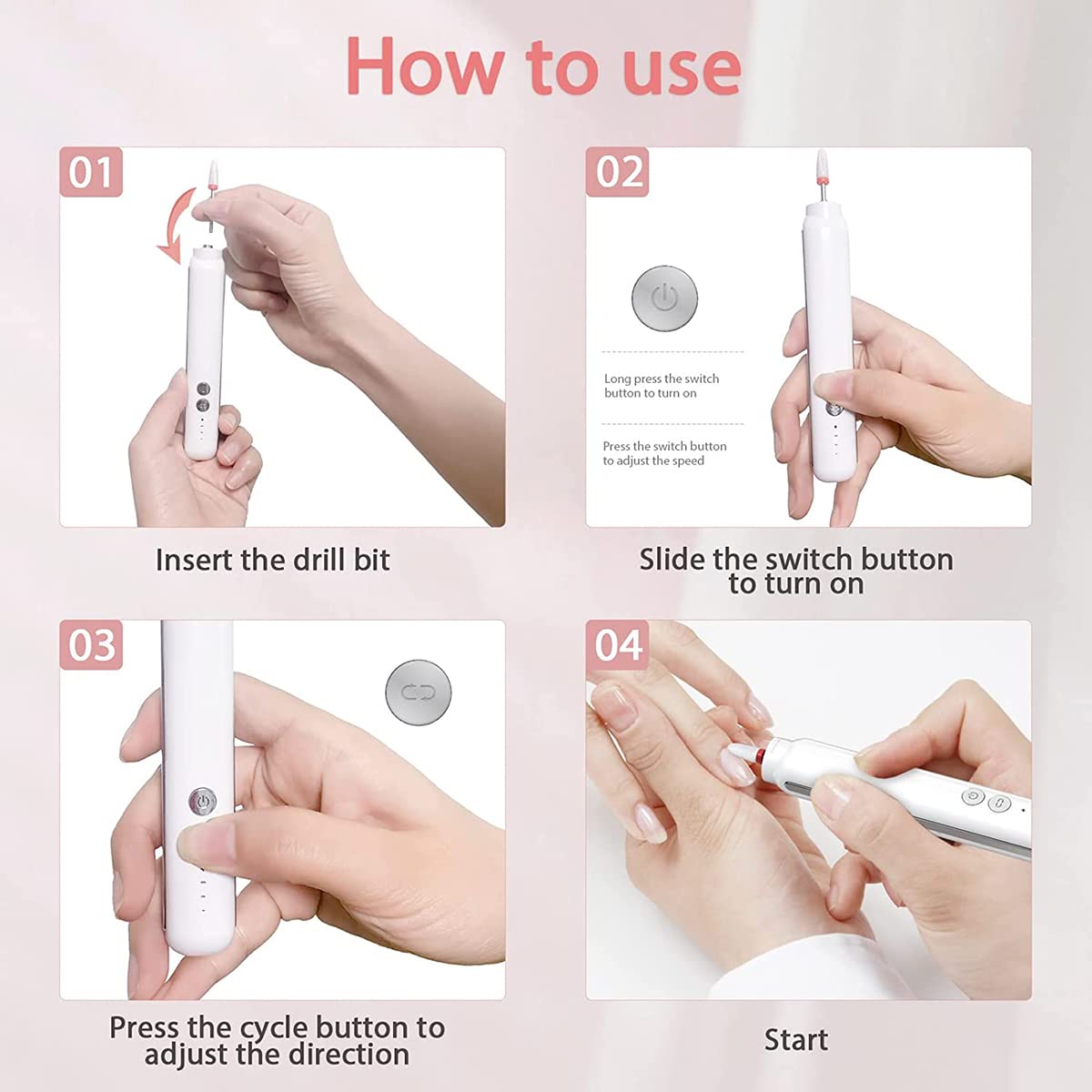 Professional Electric Nail Drill Kit - Cordless Nail File Machine with Bits for Acrylic & Gel Nails | Portable Manicure Pedicure Set (M1-White) | Perfect for Salon & Home Nail Care