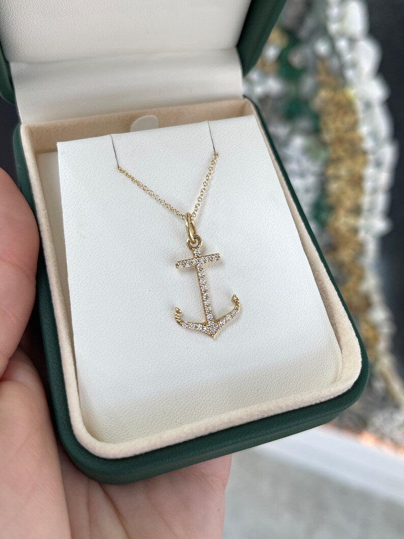 14K Gold Natural Diamond Anchor Necklace for Women - 0.45tcw Iced Out Pave Cut Ocean Lover Jewelry Gift for Birthday, Anniversary & Beach Vacation