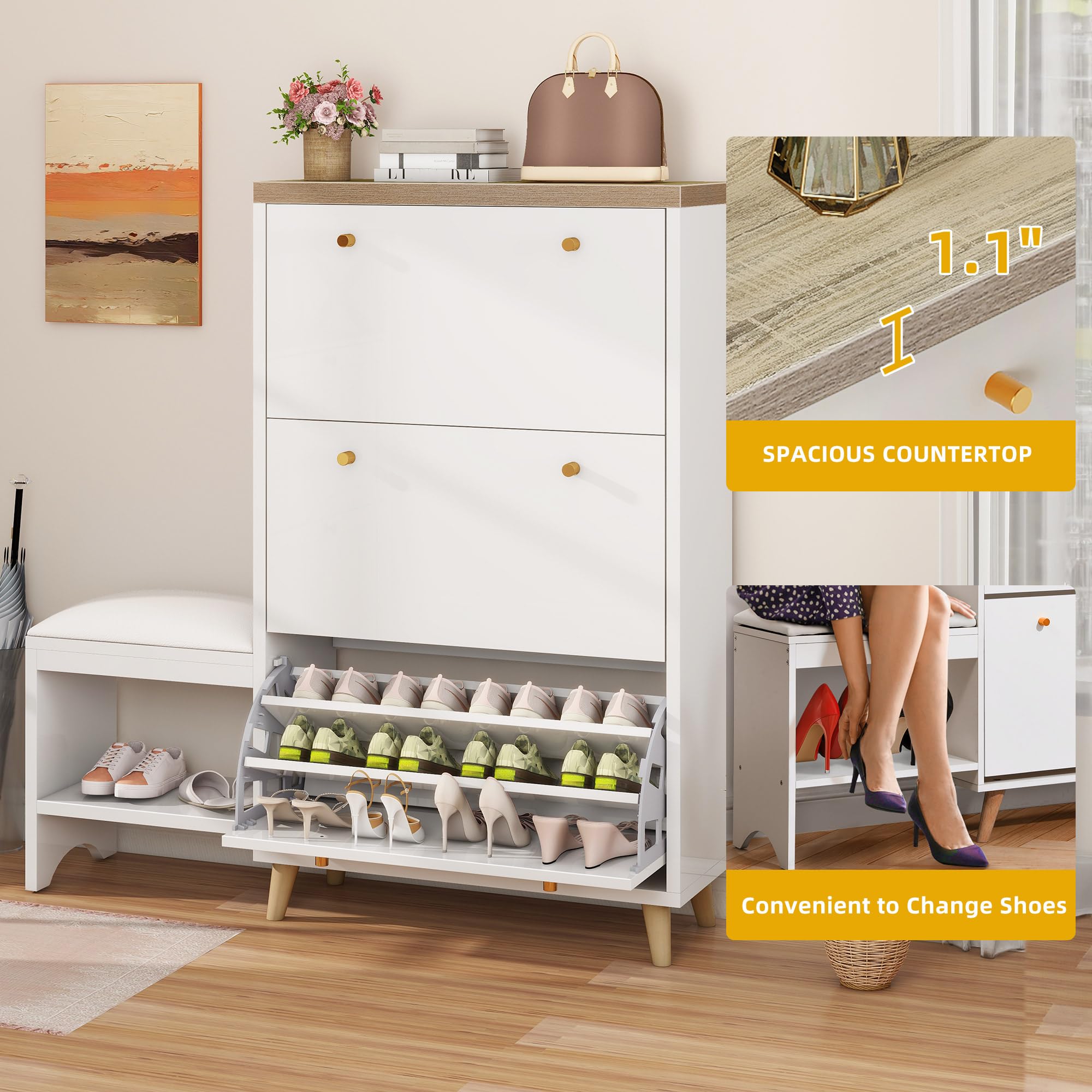 Modern White Shoe Cabinet with Bench - Narrow Hidden Shoe Organizer with 3 Flip Drawers for Entryway, Hallway, Closet & Living Room | Space-Saving Shoe Storage Solution for Small Spaces & Home Organization
