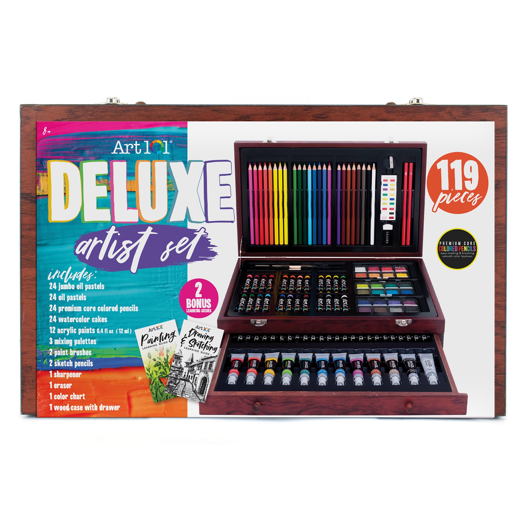 Art 101 Deluxe 119-Piece Wooden Art Organizer Case Set - Perfect for Artists, Students & DIY Craft Projects