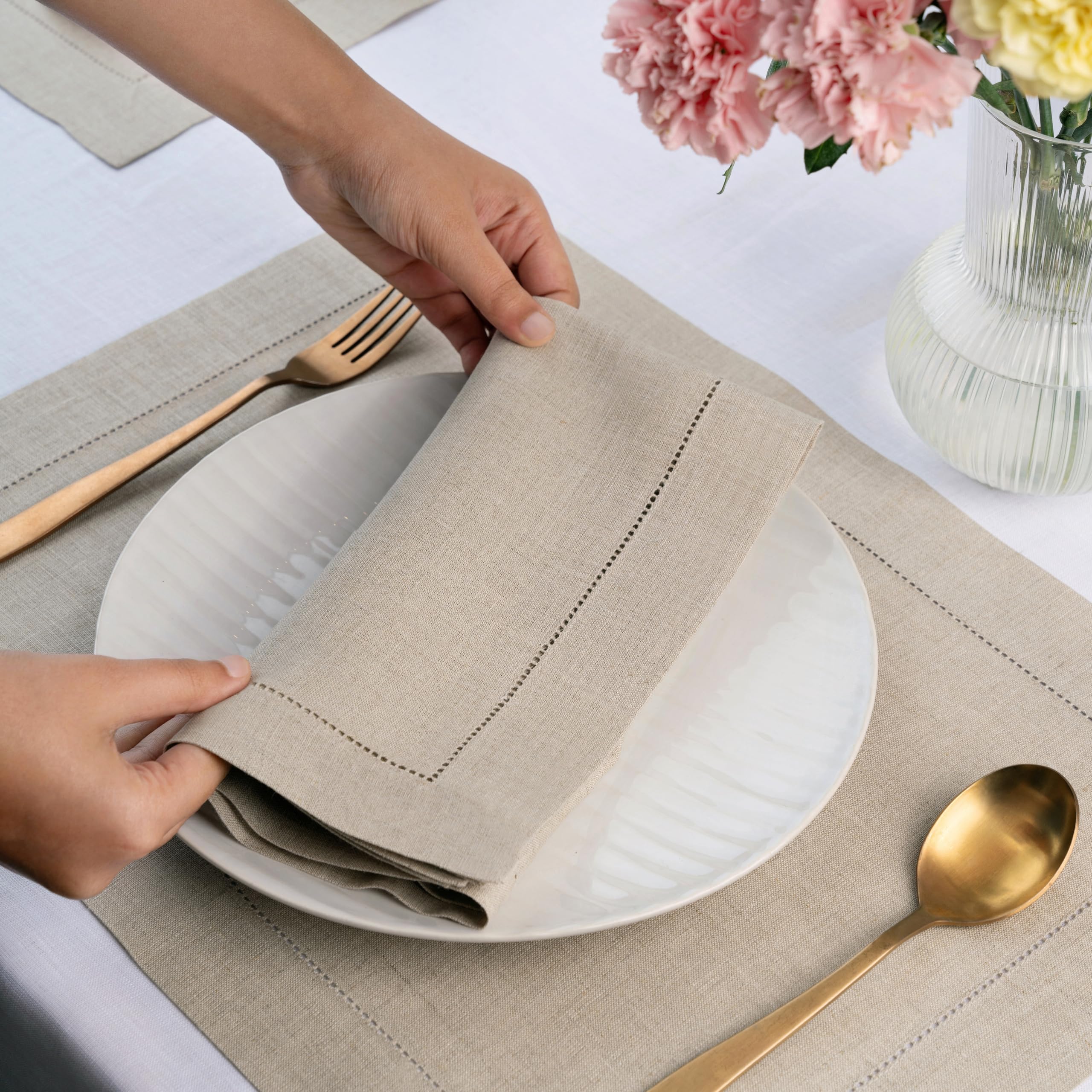 Premium 100% Pure Linen Napkins Set of 8 - 20x20 Inch Natural Linen Dinner Napkins with Classic Hemstitch - Washable & Reusable Cloth Napkins for Easter, Thanksgiving, Dinner Parties & Fine Dining - D'Moksha Homes