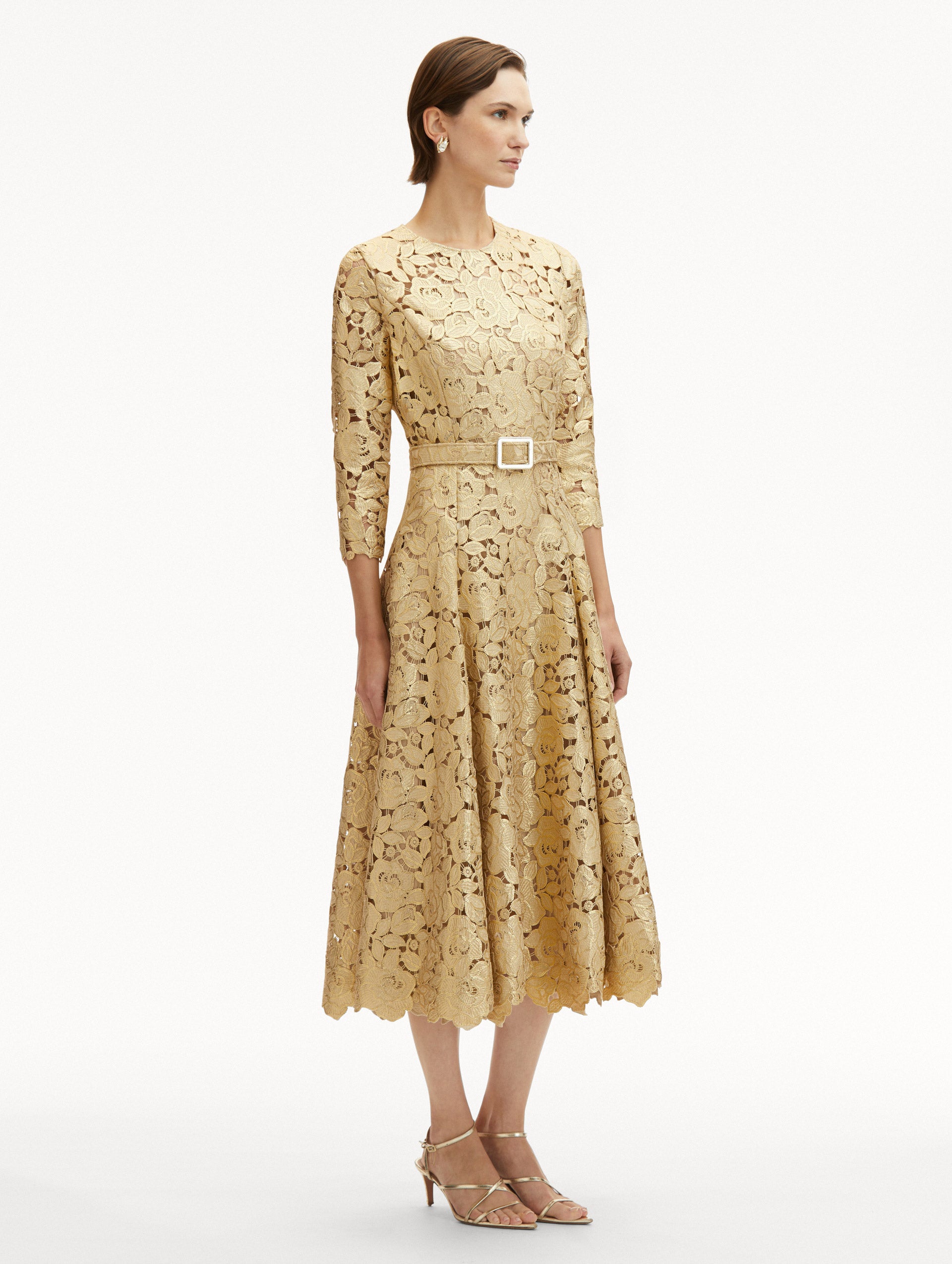 Elegant Gold Foil Rose Guipure Lace Dress for Women - Perfect for Weddings, Parties & Special Occasions