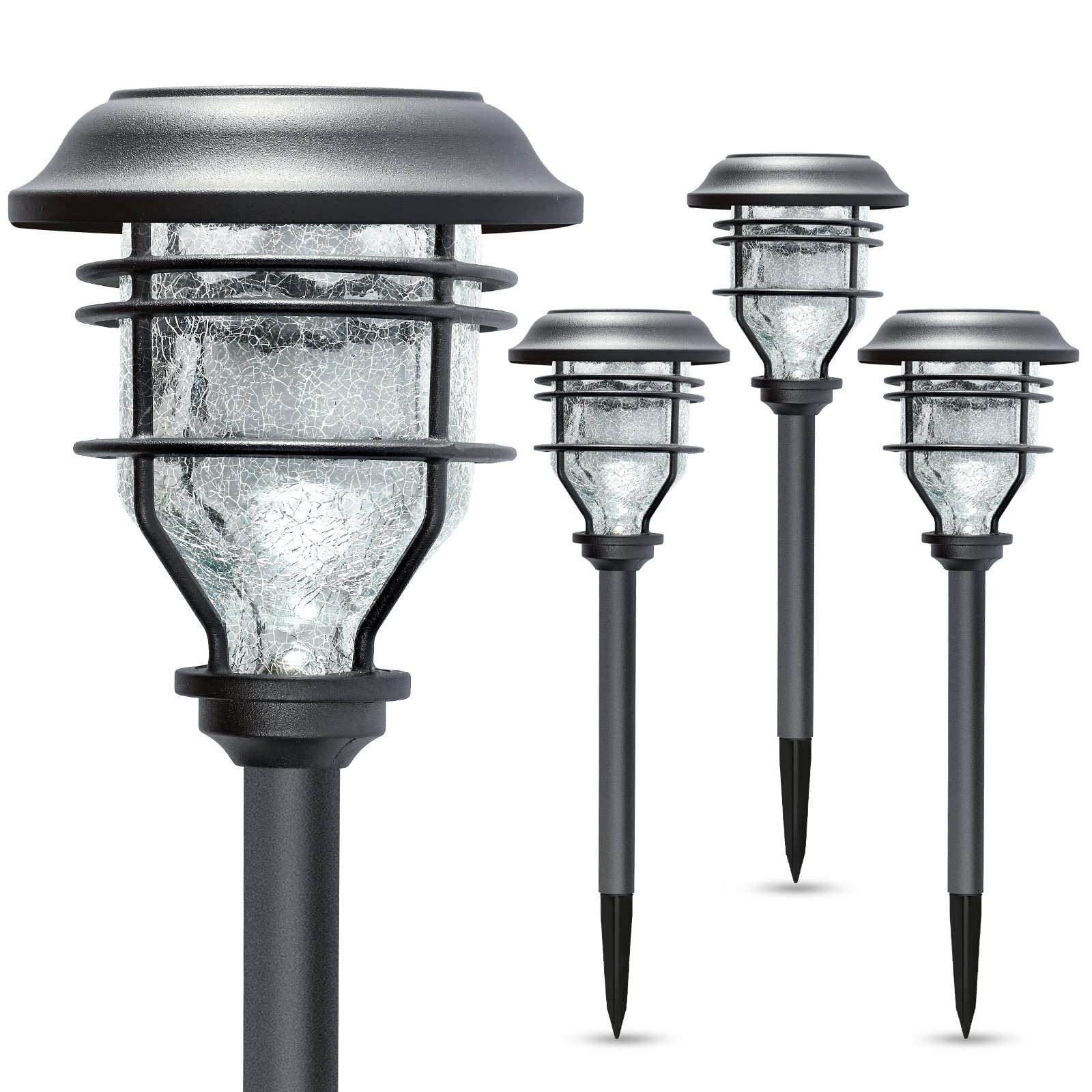SOLATINO 4 Pack Solar Pathway Lights Outdoor Waterproof - Crackle Glass Solar Path Lights, Aluminum Solar Stake Lights for Garden Walkway, Yard, Driveway & Landscape Lighting - Solar Powered Decorative Lighting for Patio, Lawn & Backyard