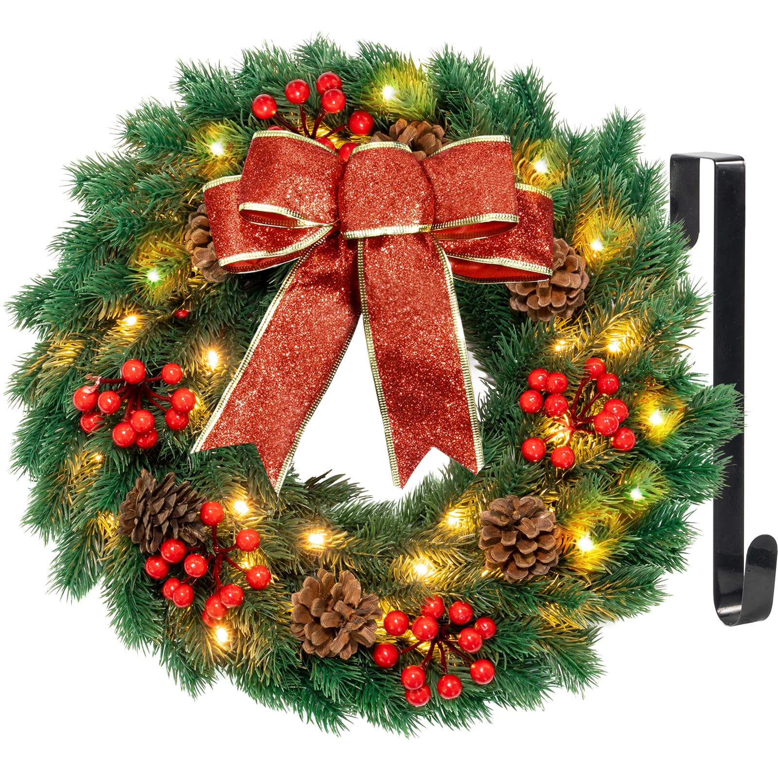 Pre-Lit Christmas Wreath with 40 LED Lights & Timer - Indoor/Outdoor Holiday Decor for Front Door, Windows, Mantle, Stairs & Fireplace - Perfect for Home, Office & Party Decorations