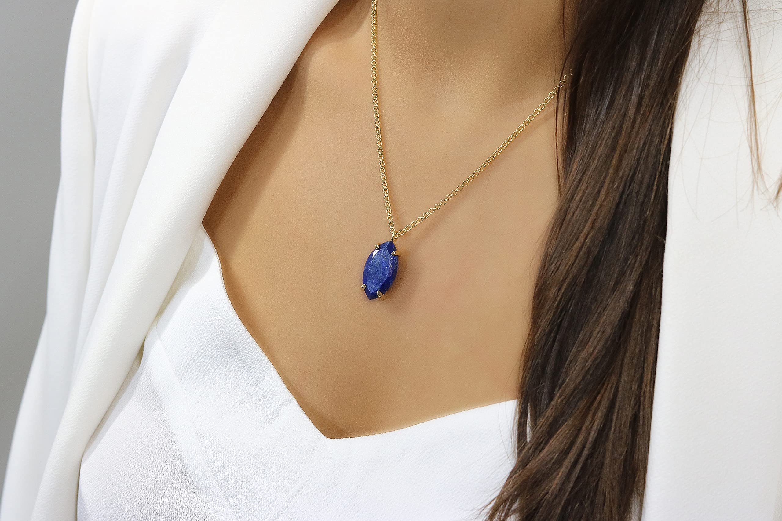 14K Gold Lapis Lazuli Necklace - Marquise Cut September Birthstone Jewelry for Women | Elegant Statement Necklace for Birthday, Mother's Day & Graduation Gifts | Customizable Length | Perfect for Weddings, Parties & Special Occasions
