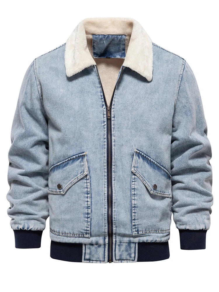 Men's Winter Fleece Denim Jacket with Fur Collar - Warm Thick Casual Fashion Coat for Autumn & Winter - Perfect for Outdoor Activities, Daily Wear & Street Style