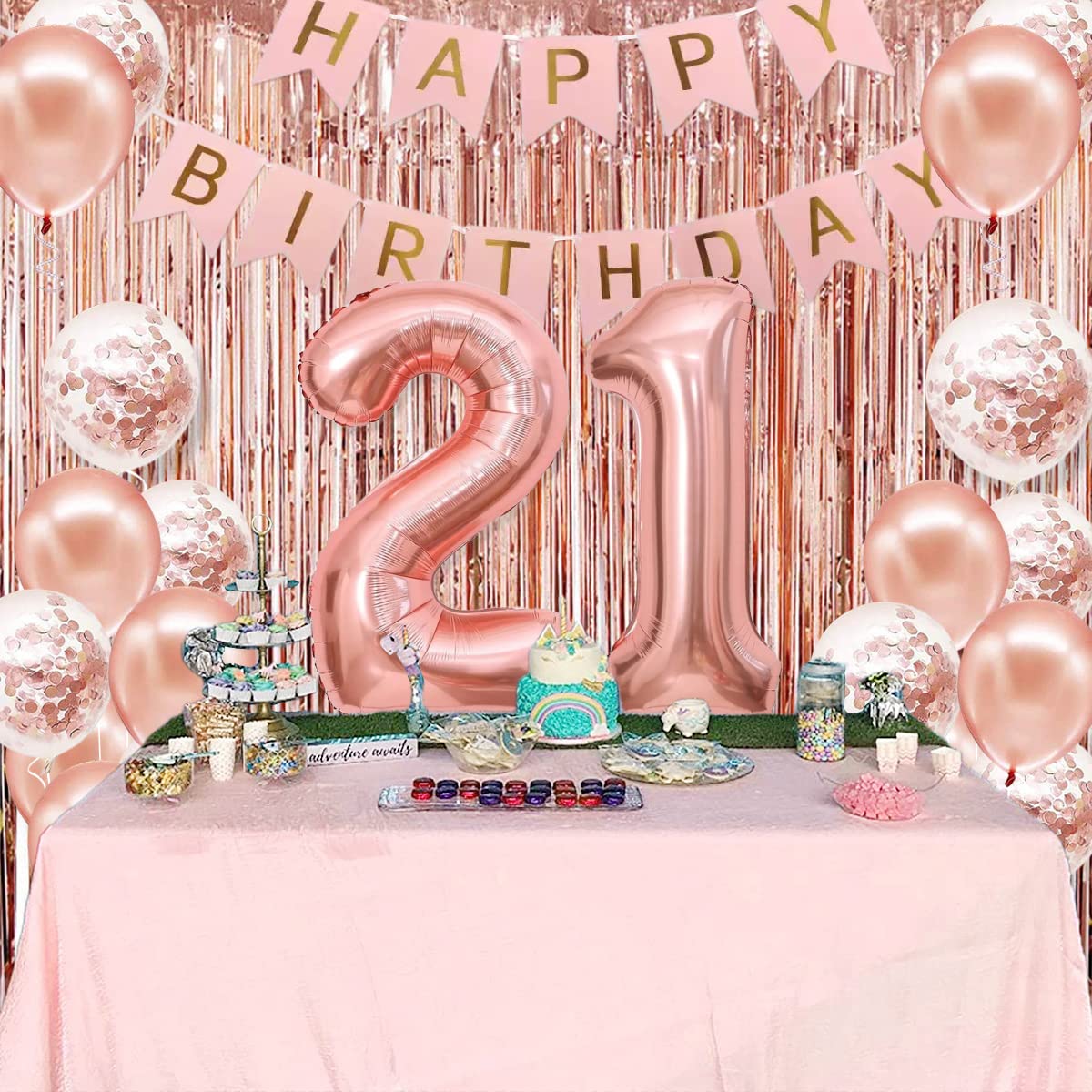 21st Birthday Party Decorations for Women - Rose Gold Banner, Crown, Sash, Cake Topper & Balloons Set | Perfect for 21st Birthday Celebrations, Milestone Parties & Girls' Night Decor